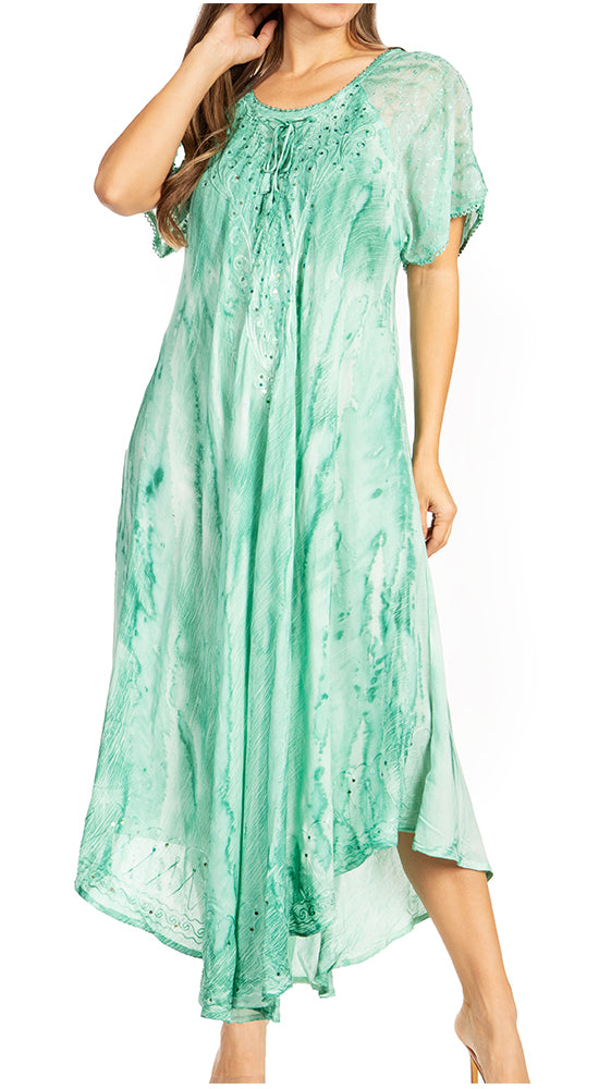 Sakkas Myani Two Tone Embroidered Sheer Cap Sleeve Caftan Long Dress | Cover Up - Concordia Style Boutique