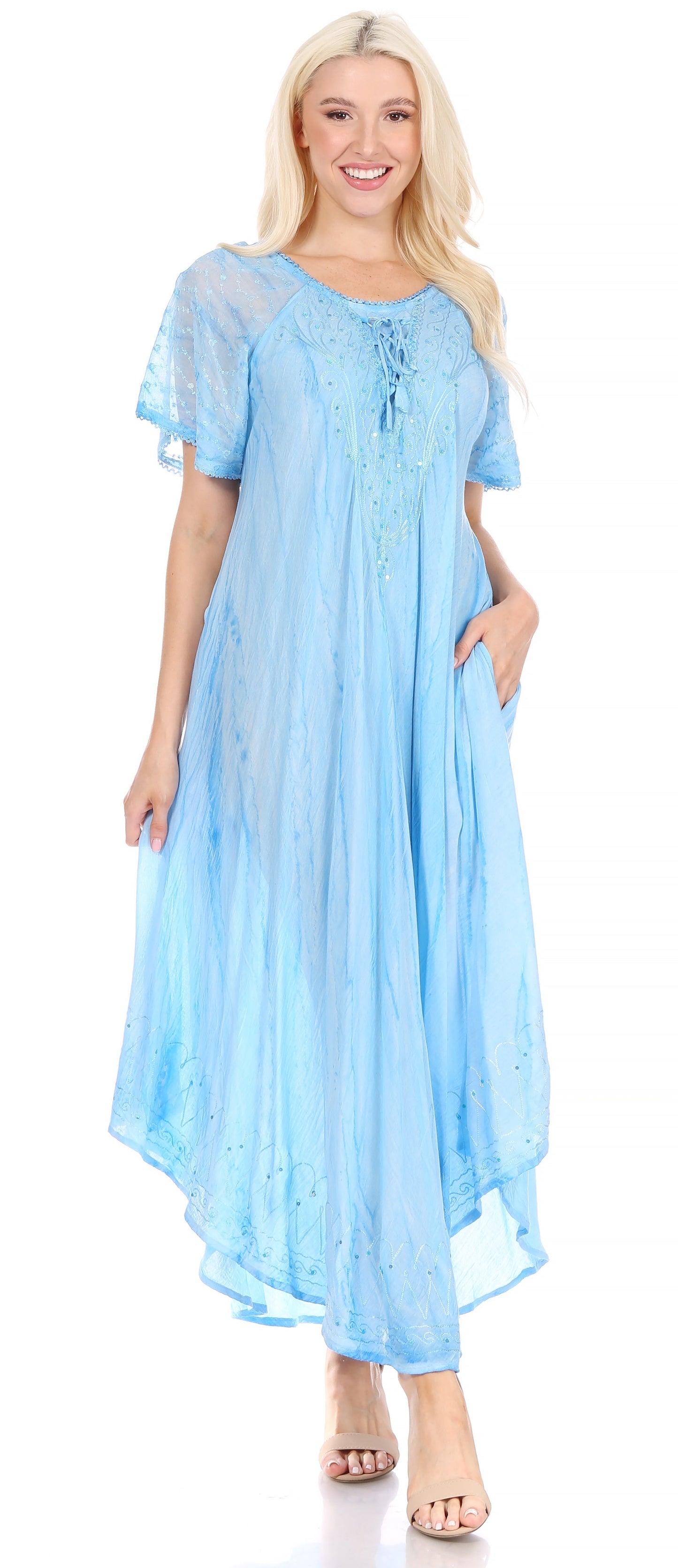 Sakkas Myani Two Tone Embroidered Sheer Cap Sleeve Caftan Long Dress | Cover Up - Concordia Style Boutique