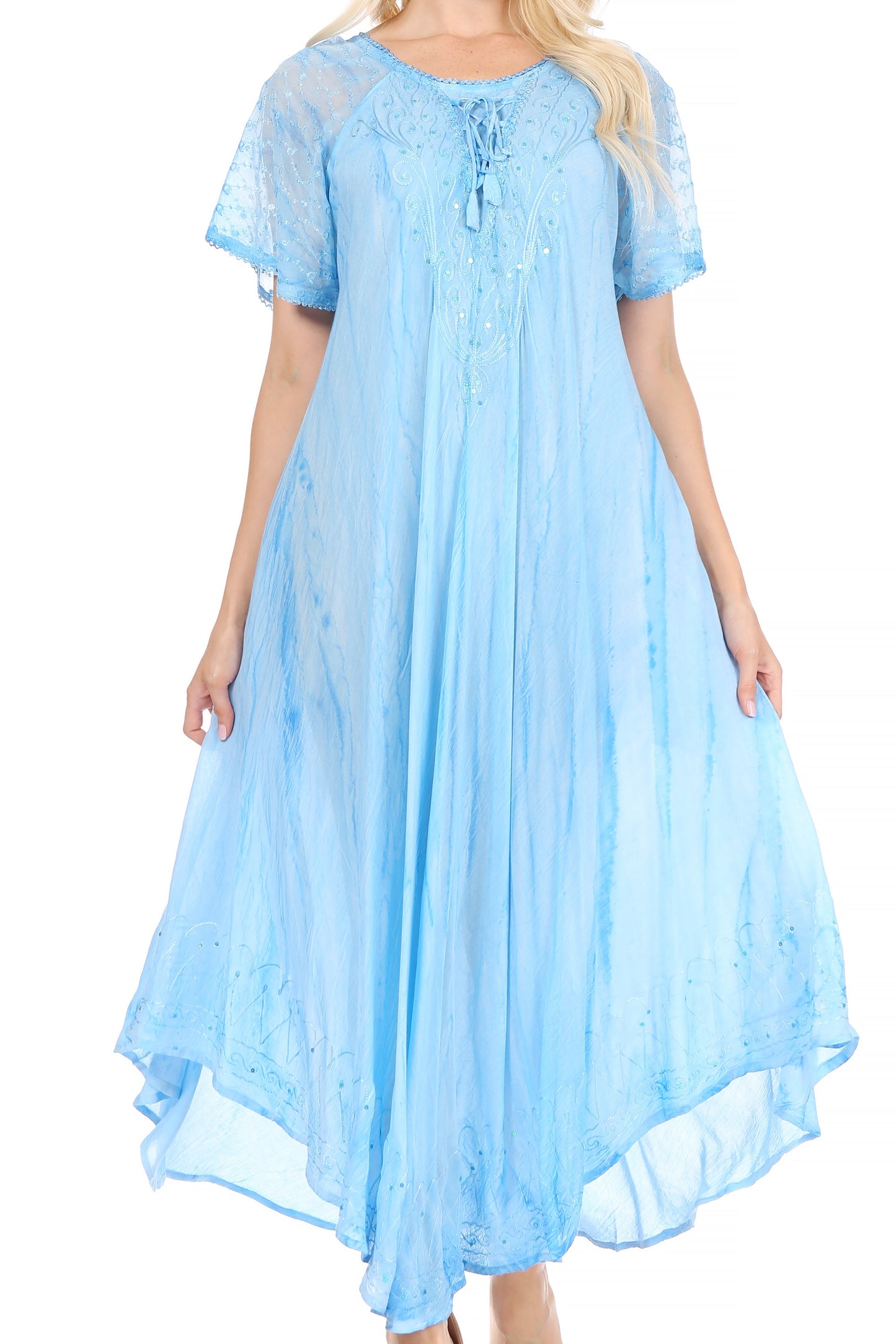 Sakkas Myani Two Tone Embroidered Sheer Cap Sleeve Caftan Long Dress | Cover Up - Concordia Style Boutique