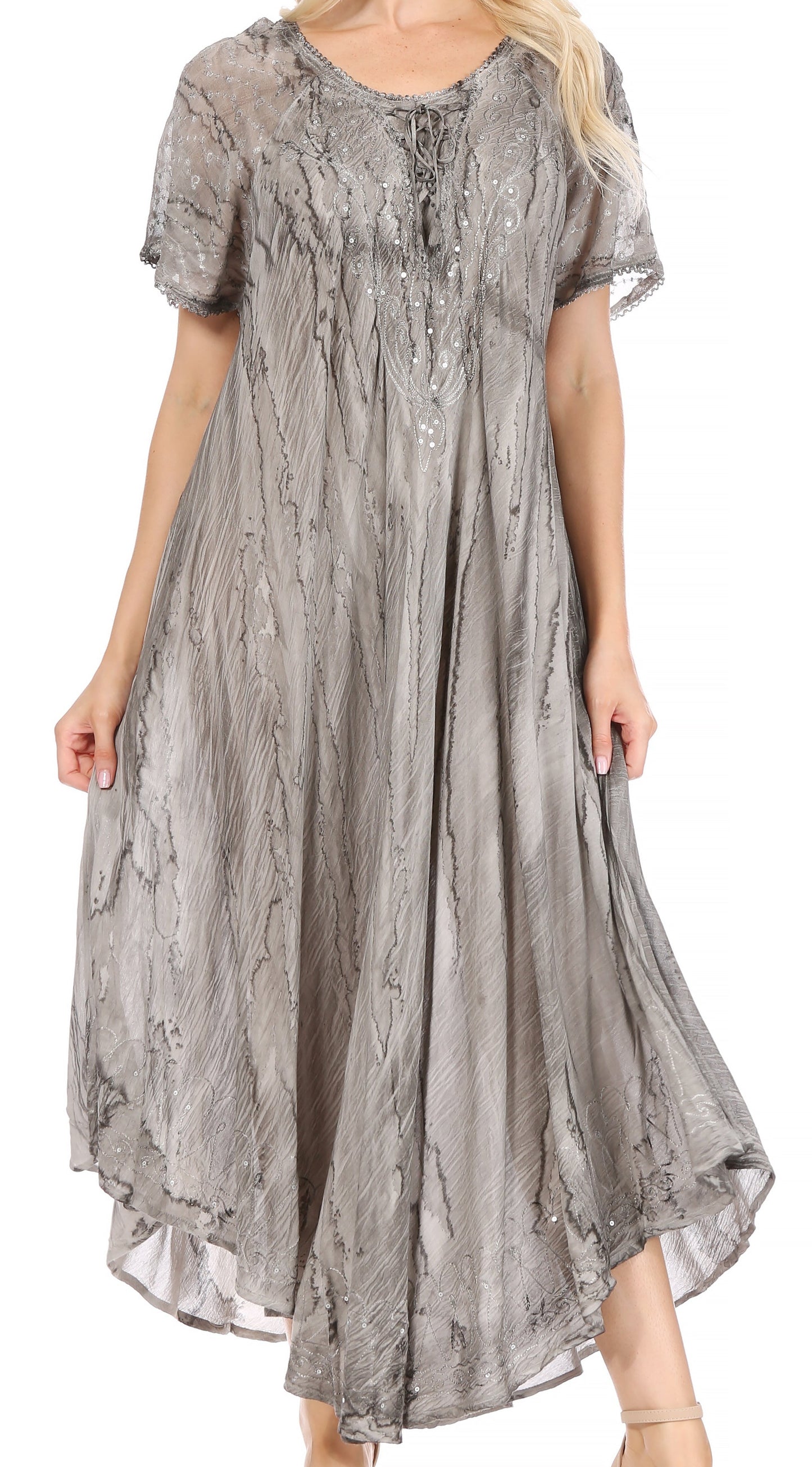 Sakkas Myani Two Tone Embroidered Sheer Cap Sleeve Caftan Long Dress | Cover Up - Concordia Style Boutique