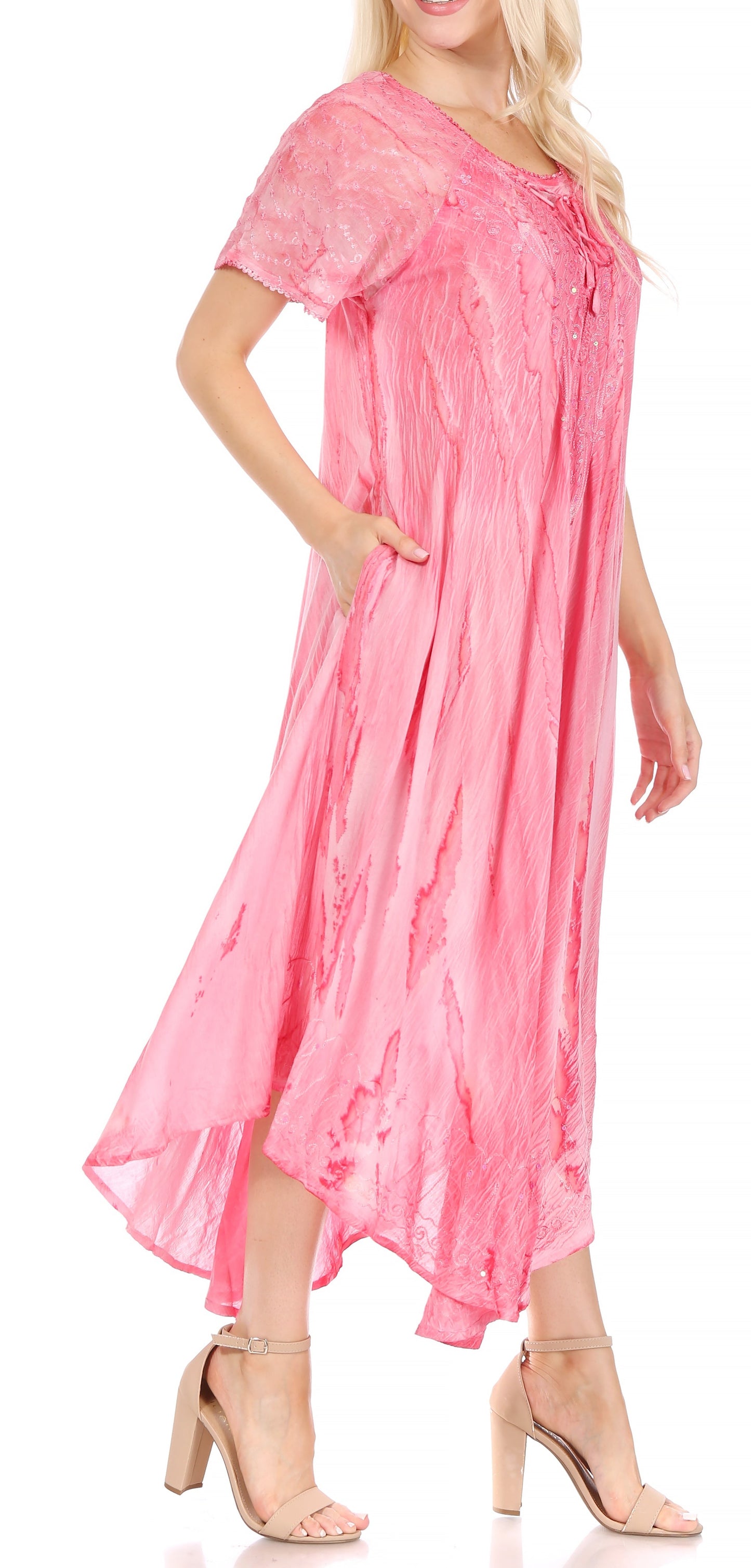Sakkas Myani Two Tone Embroidered Sheer Cap Sleeve Caftan Long Dress | Cover Up - Concordia Style Boutique