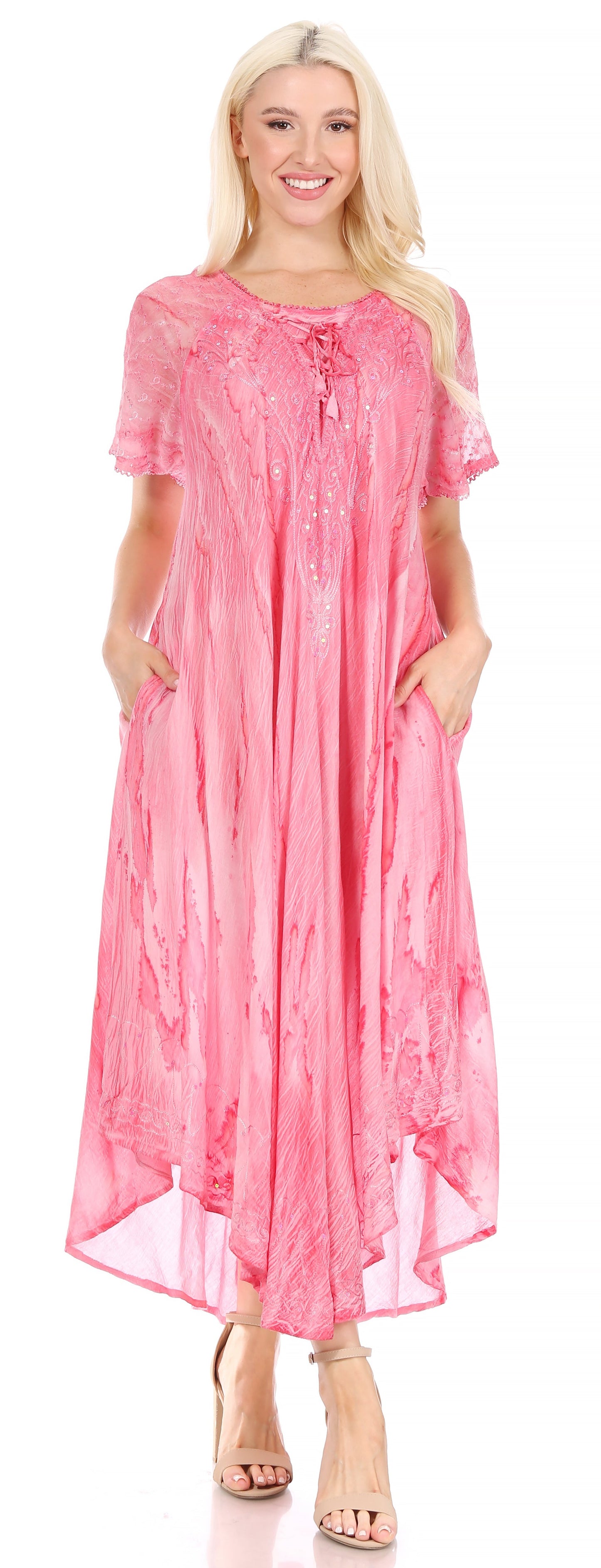 Sakkas Myani Two Tone Embroidered Sheer Cap Sleeve Caftan Long Dress | Cover Up - Concordia Style Boutique