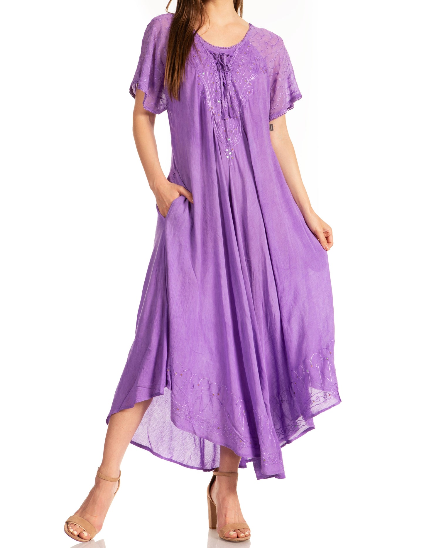 Sakkas Myani Two Tone Embroidered Sheer Cap Sleeve Caftan Long Dress | Cover Up - Concordia Style Boutique