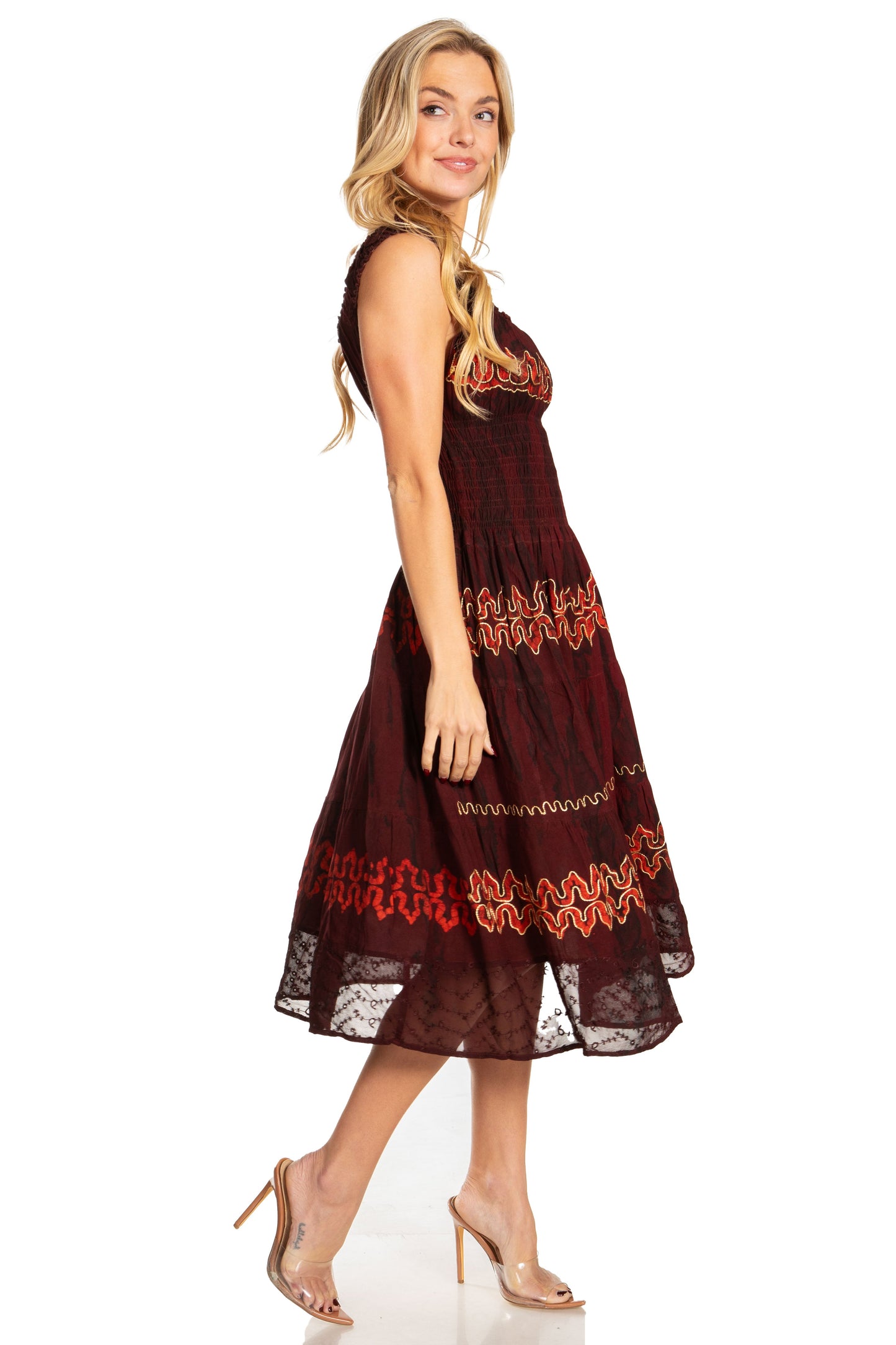 Sakkas Alba Women's Off The Shoulder Smock Ruffle Midi Dress Tie Dye & Embroidery - Concordia Style Boutique