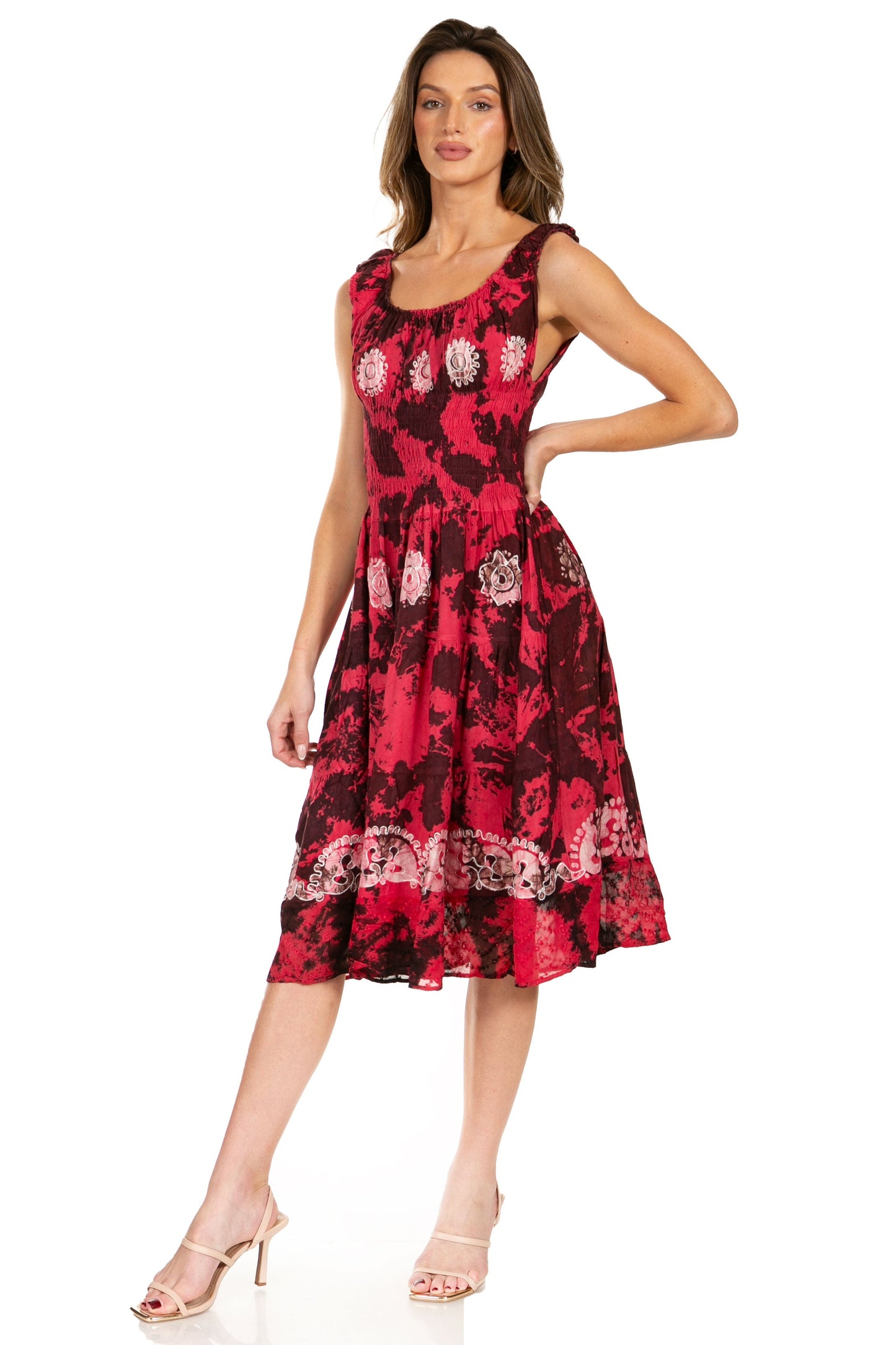 Sakkas Alba Women's Off The Shoulder Smock Ruffle Midi Dress Tie Dye & Embroidery - Concordia Style Boutique
