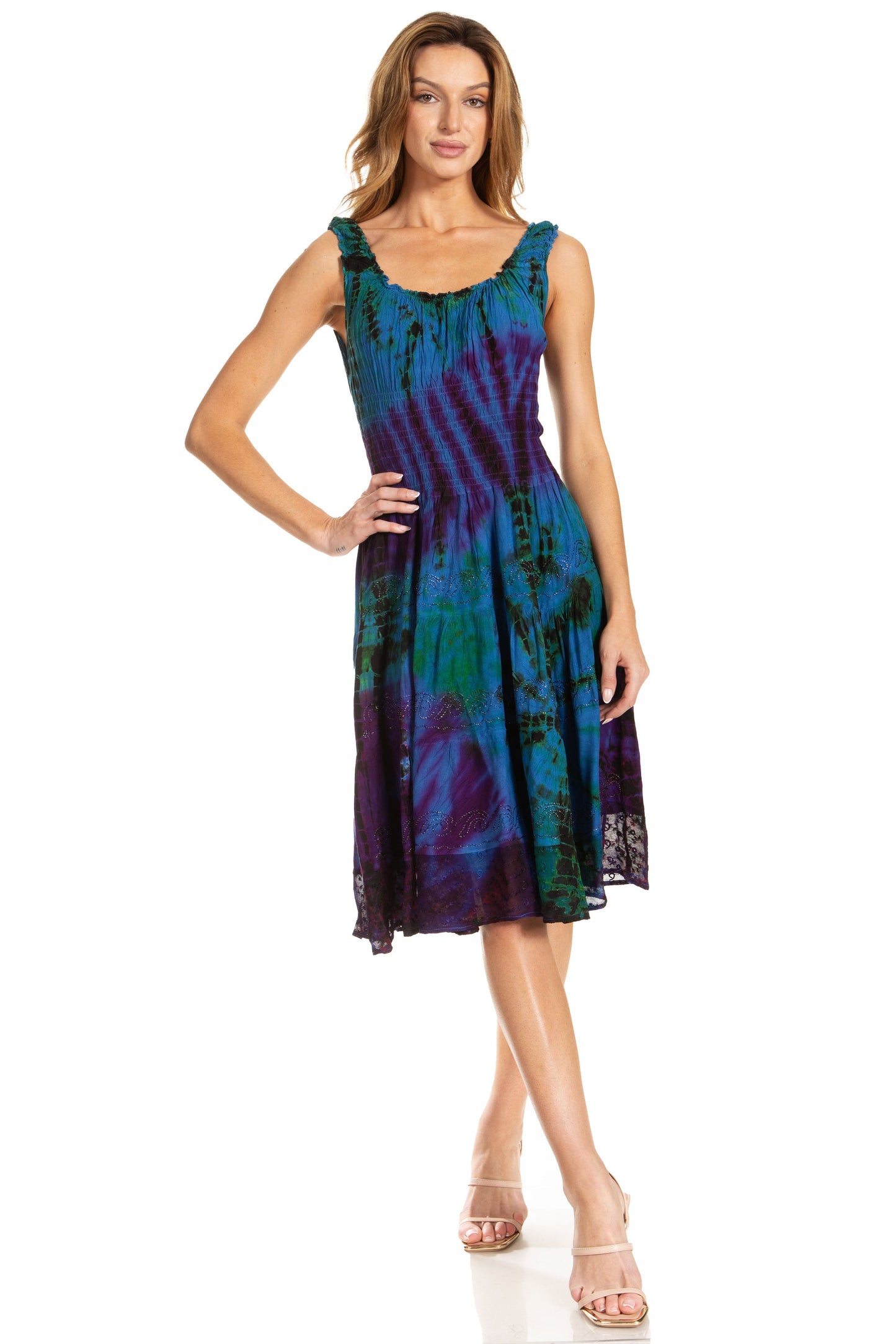 Sakkas Alba Women's Off The Shoulder Smock Ruffle Midi Dress Tie Dye & Embroidery - Concordia Style Boutique