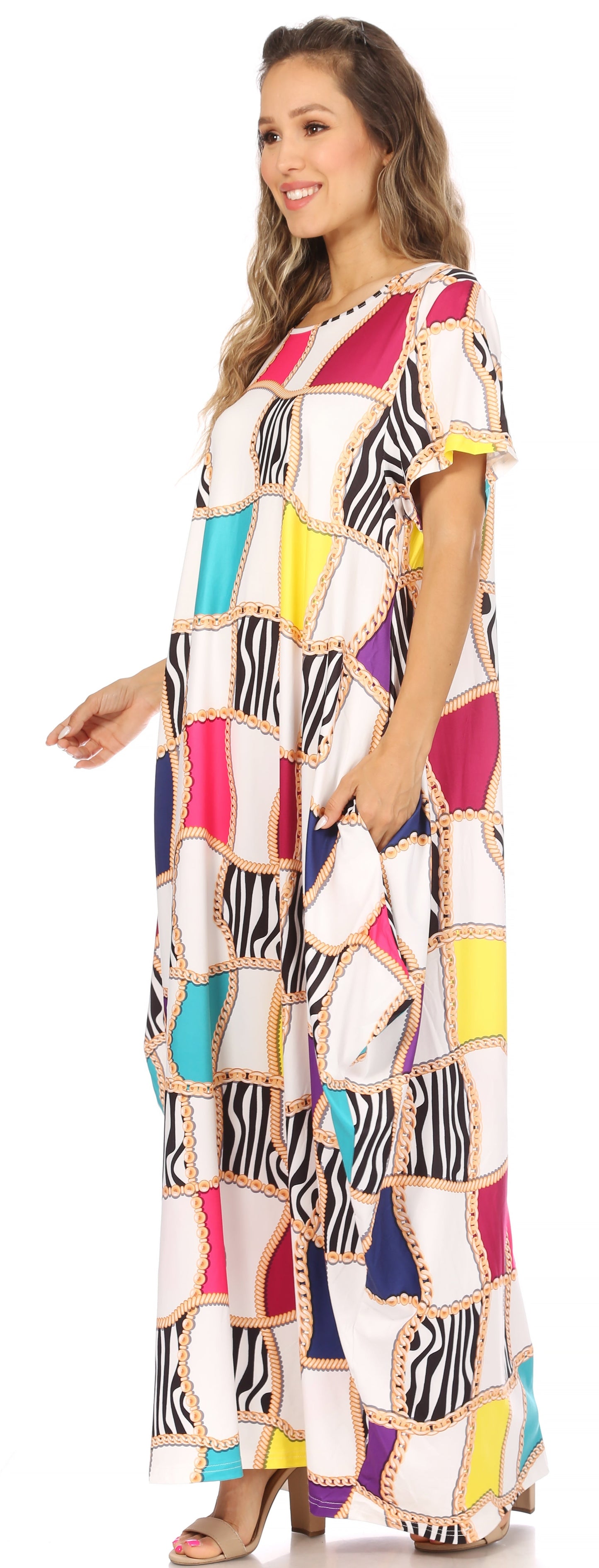 Sakkas Abeni Women's Short Sleeve Casual Print Long Maxi Cover-up Caftan Dress - Concordia Style Boutique