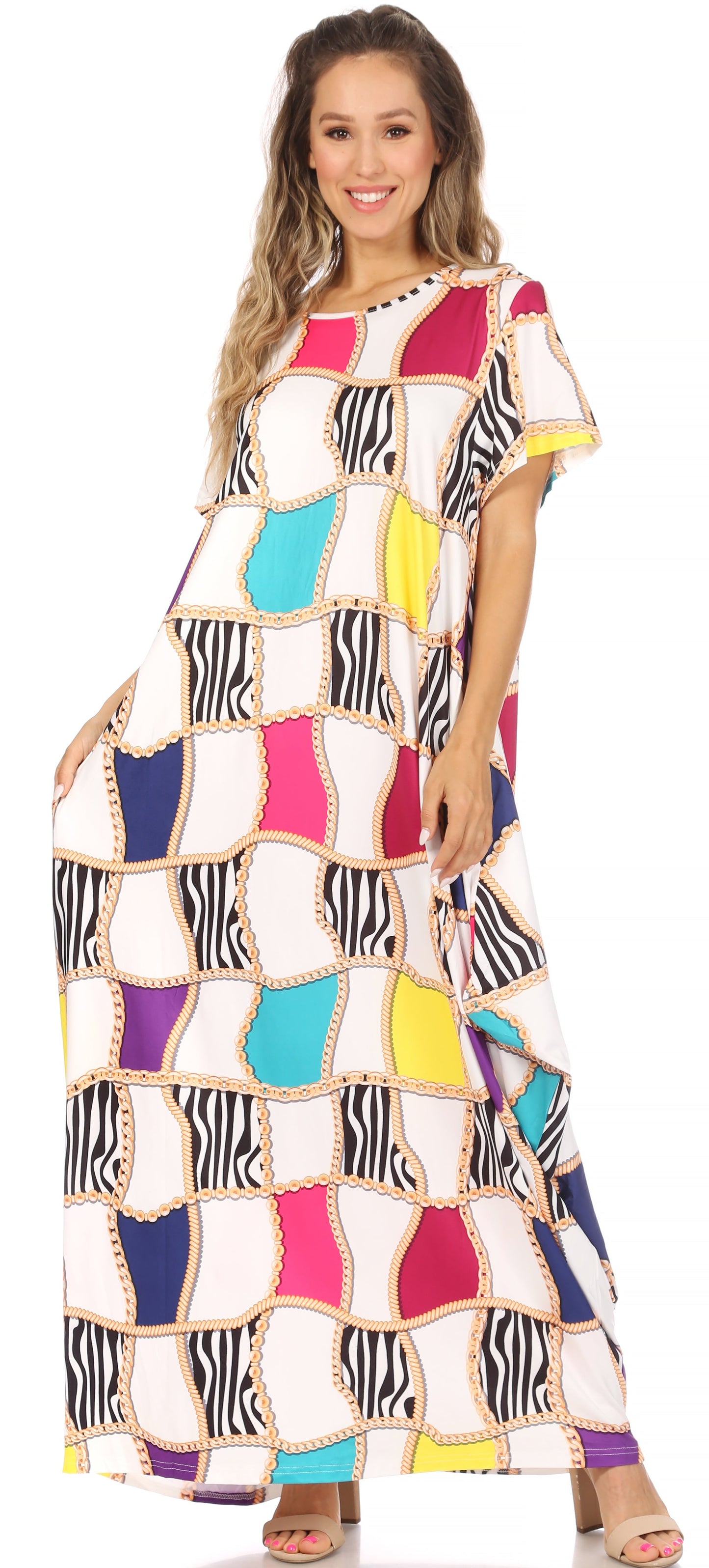Sakkas Abeni Women's Short Sleeve Casual Print Long Maxi Cover-up Caftan Dress - Concordia Style Boutique