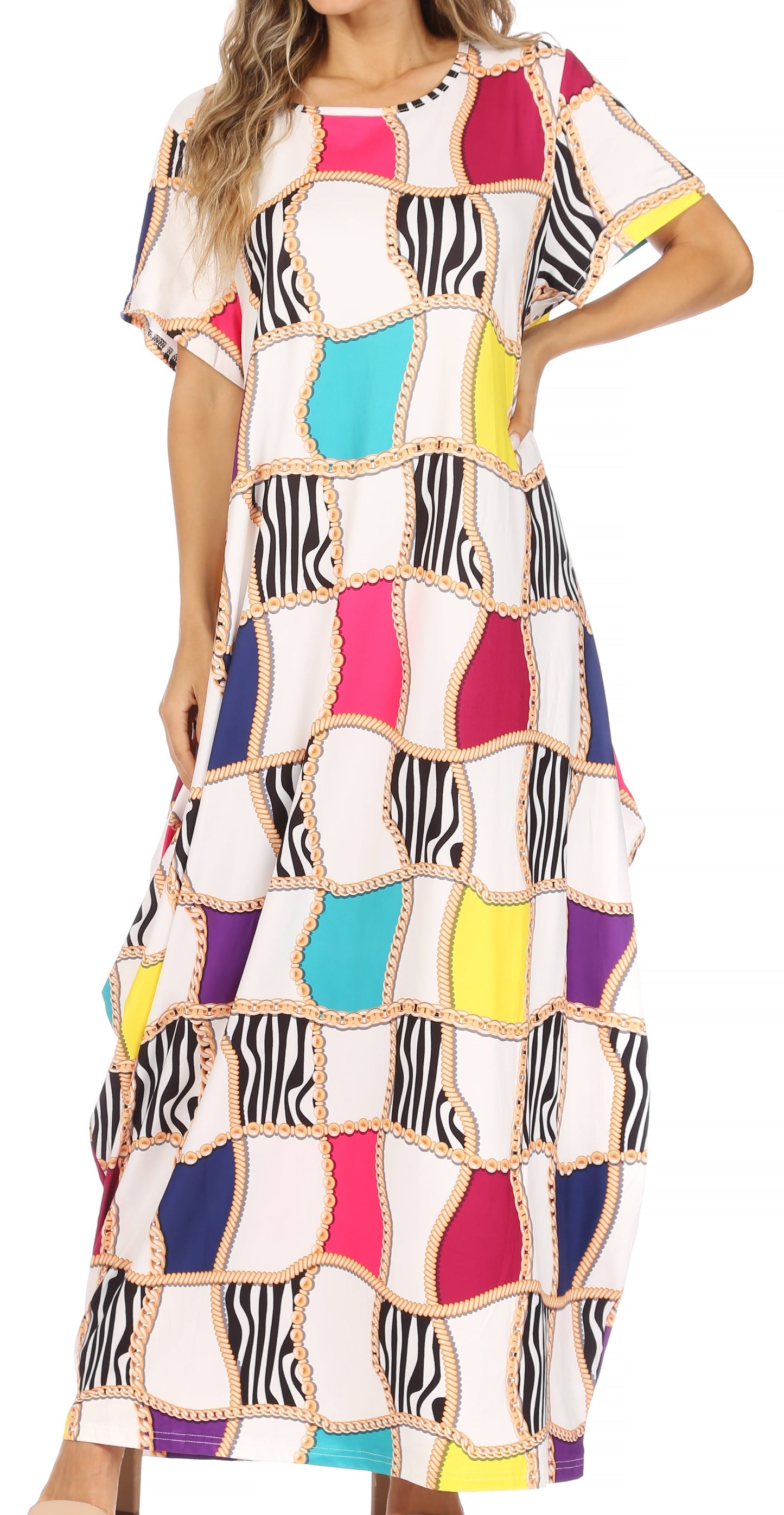 Sakkas Abeni Women's Short Sleeve Casual Print Long Maxi Cover-up Caftan Dress - Concordia Style Boutique