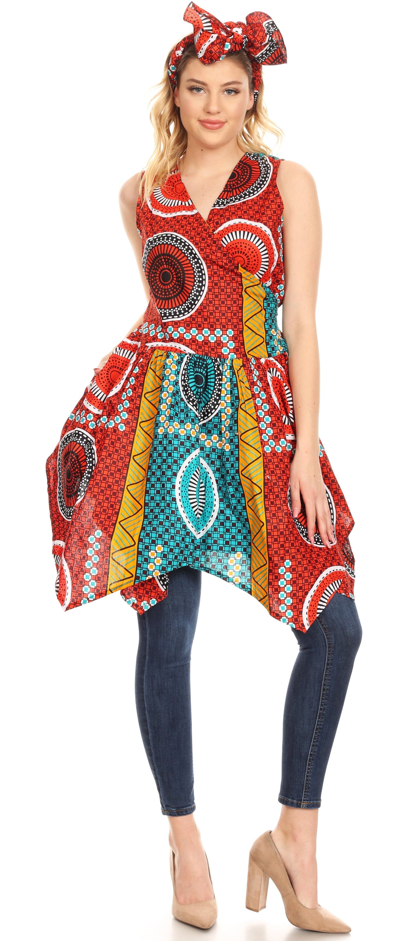 Sakkas Vale Womens African Ankara Sleeveless Short Cocktail Wrap Dress with Pocket - Concordia Style Boutique