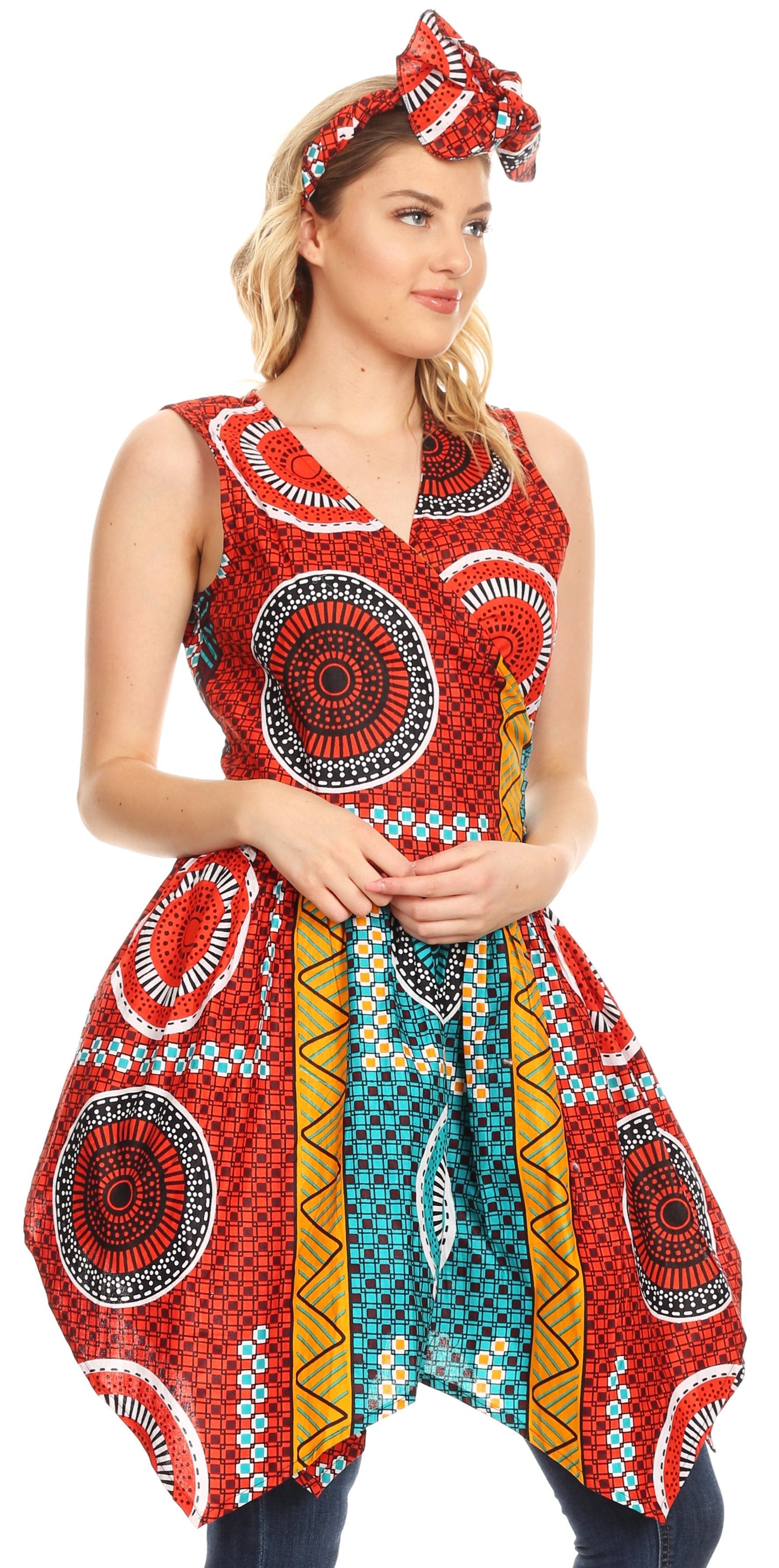Sakkas Vale Womens African Ankara Sleeveless Short Cocktail Wrap Dress with Pocket - Concordia Style Boutique