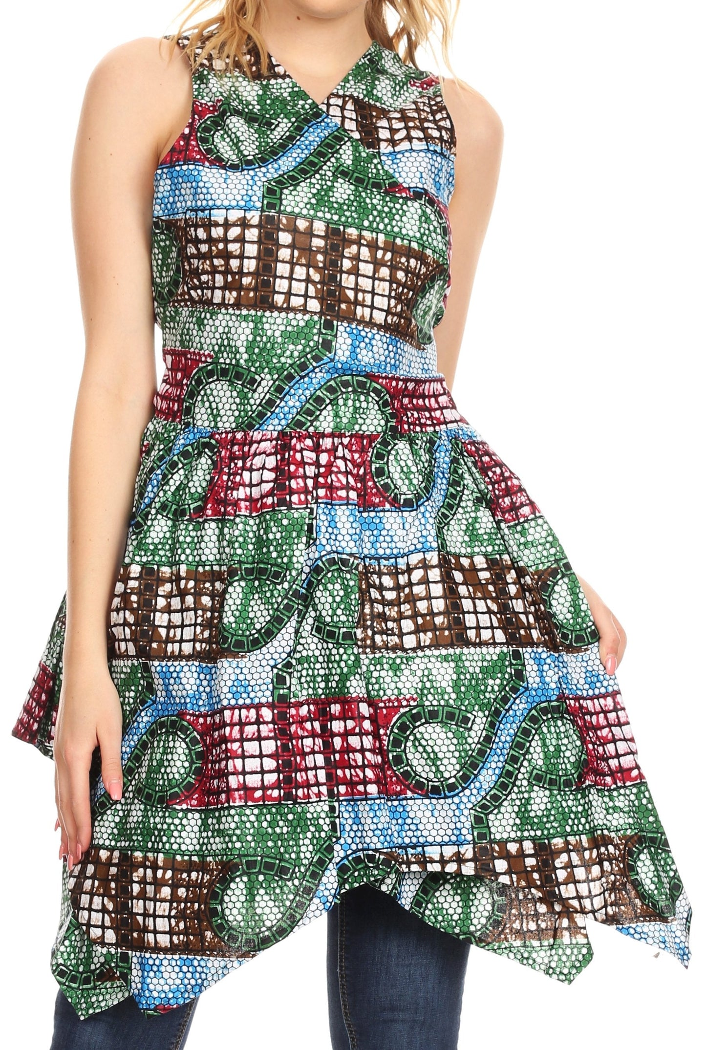 Sakkas Vale Womens African Ankara Sleeveless Short Cocktail Wrap Dress with Pocket - Concordia Style Boutique
