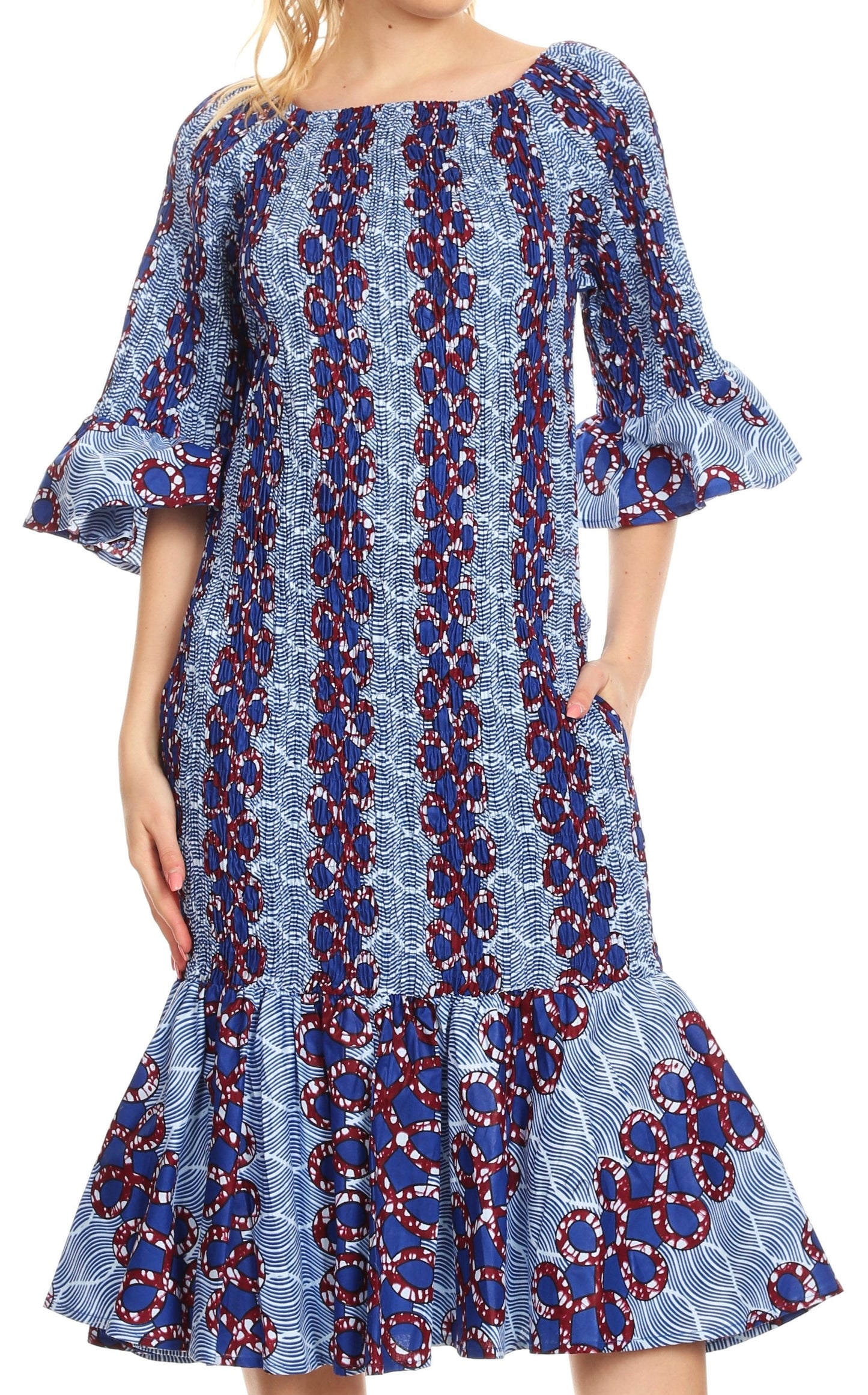 Sakkas Zarah Women's African Ankara Body-con Off shoulder Mermaid Pocket Dress - Concordia Style Boutique
