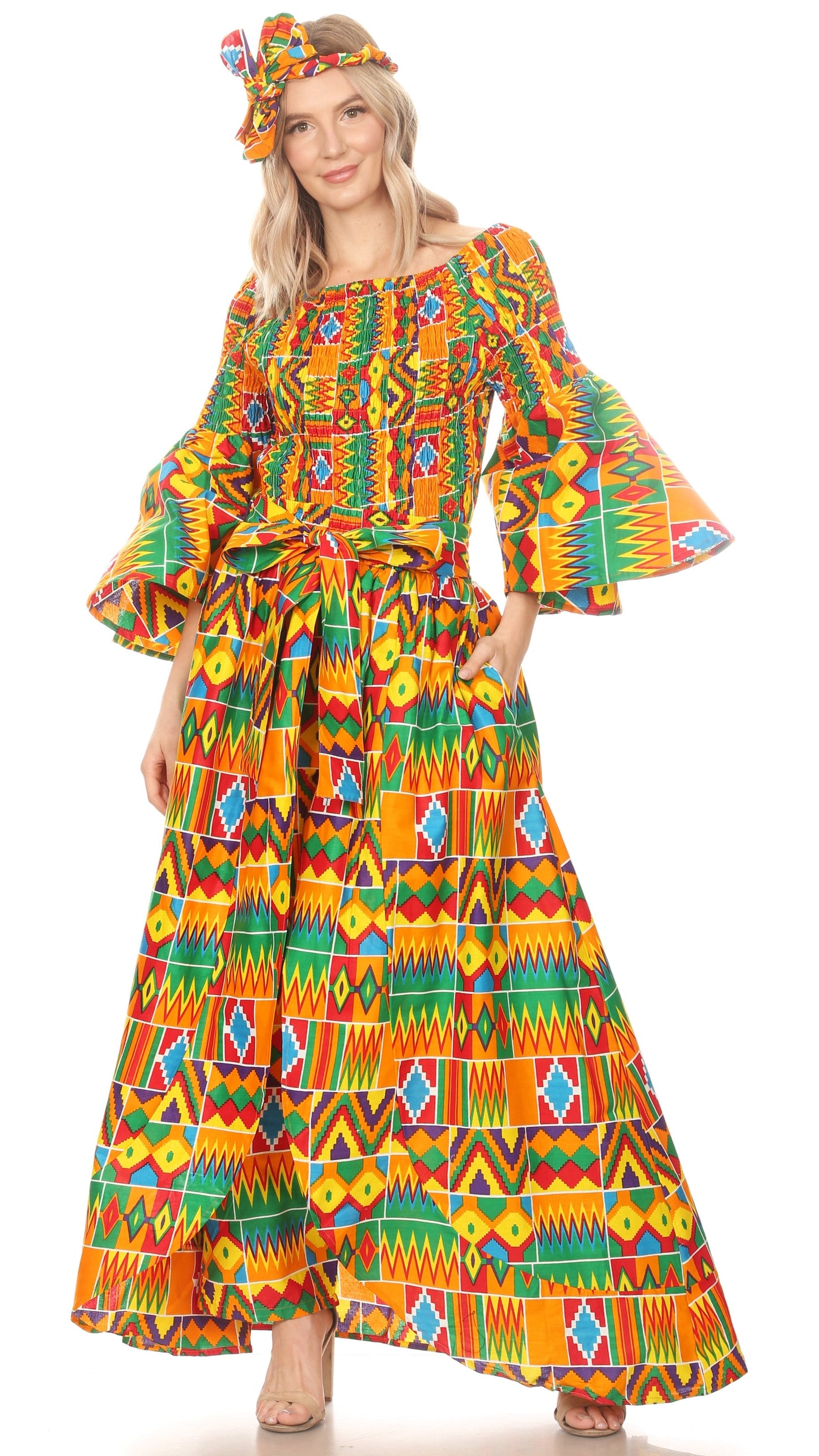 Sakkas Tesa Women's Off the Shoulder Top Pants Set African Ankara Print w/Pockets - Concordia Style Boutique