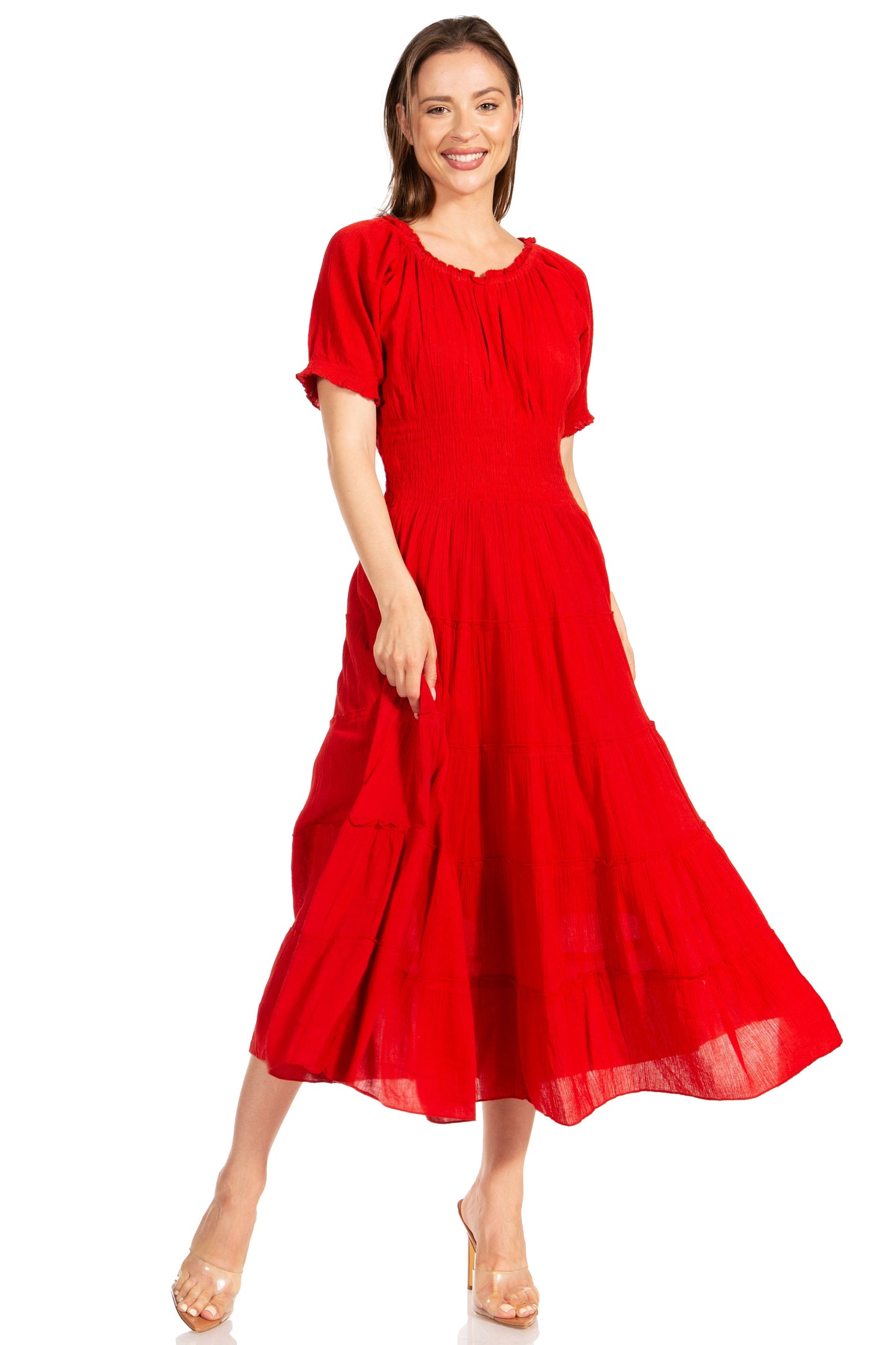 Sakkas Cotton Crepe Smocked Peasant Gypsy Boho Renaissance Mid Length Dress - Concordia Style Boutique