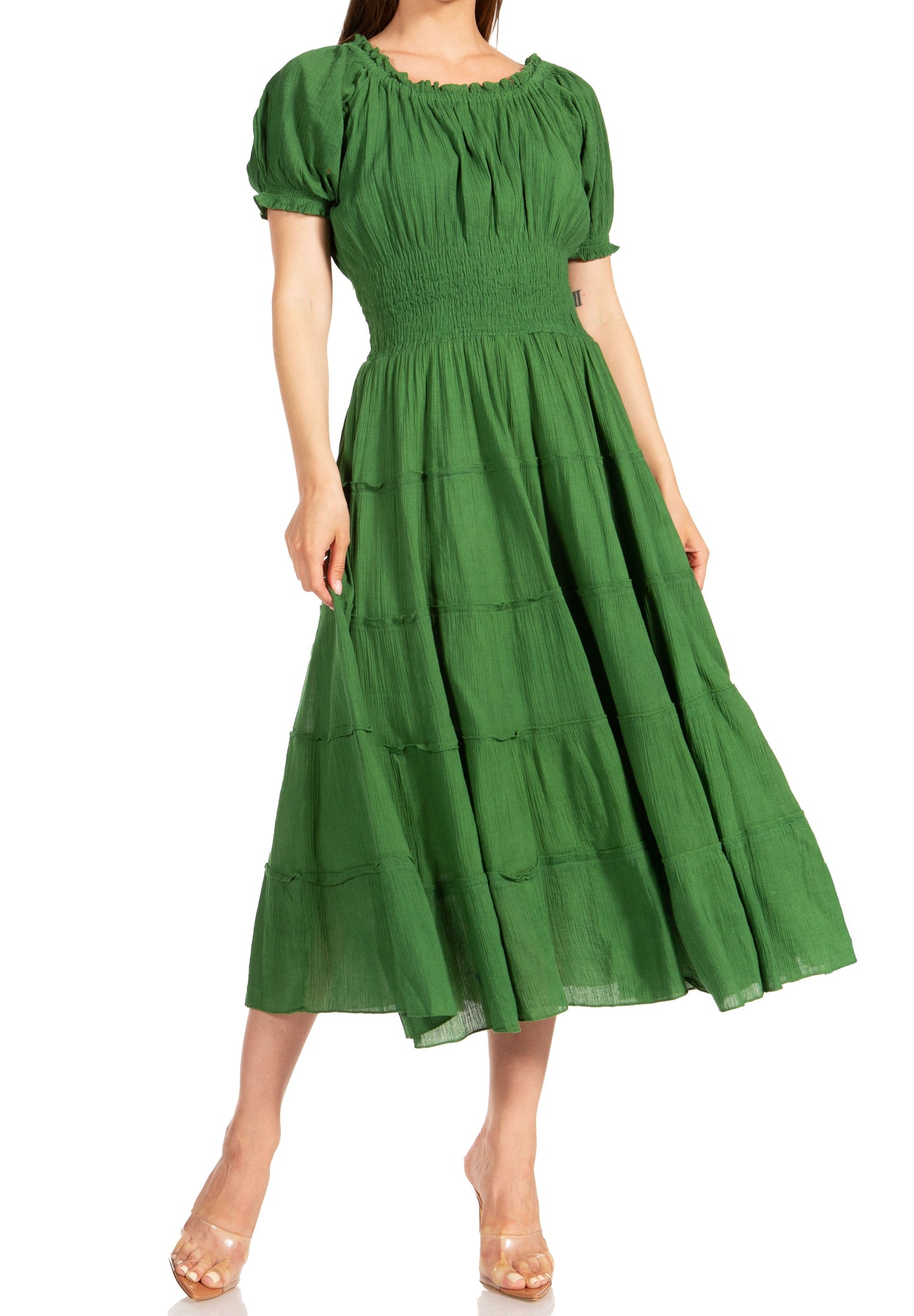 Sakkas Cotton Crepe Smocked Peasant Gypsy Boho Renaissance Mid Length Dress - Concordia Style Boutique