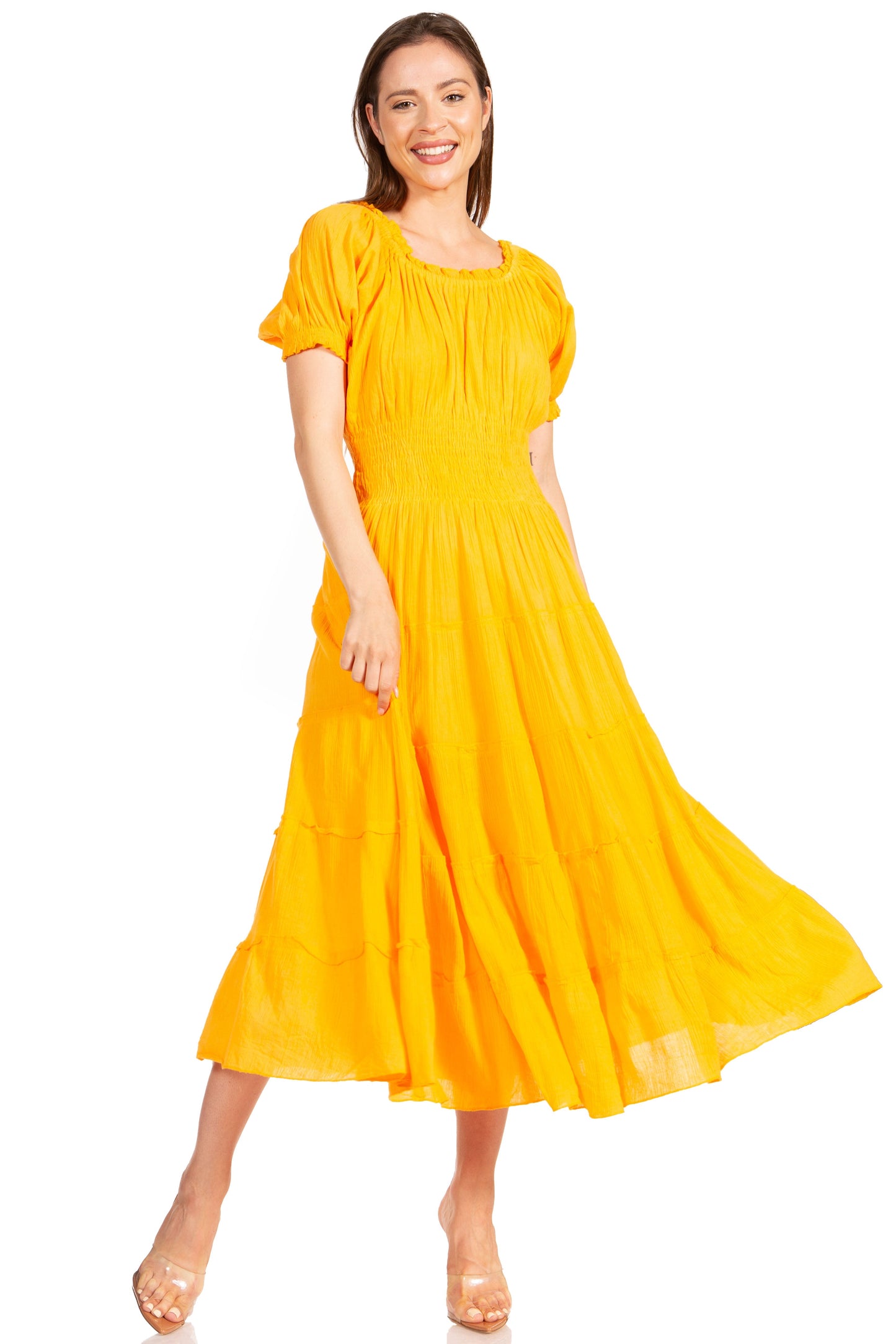 Sakkas Cotton Crepe Smocked Peasant Gypsy Boho Renaissance Mid Length Dress - Concordia Style Boutique