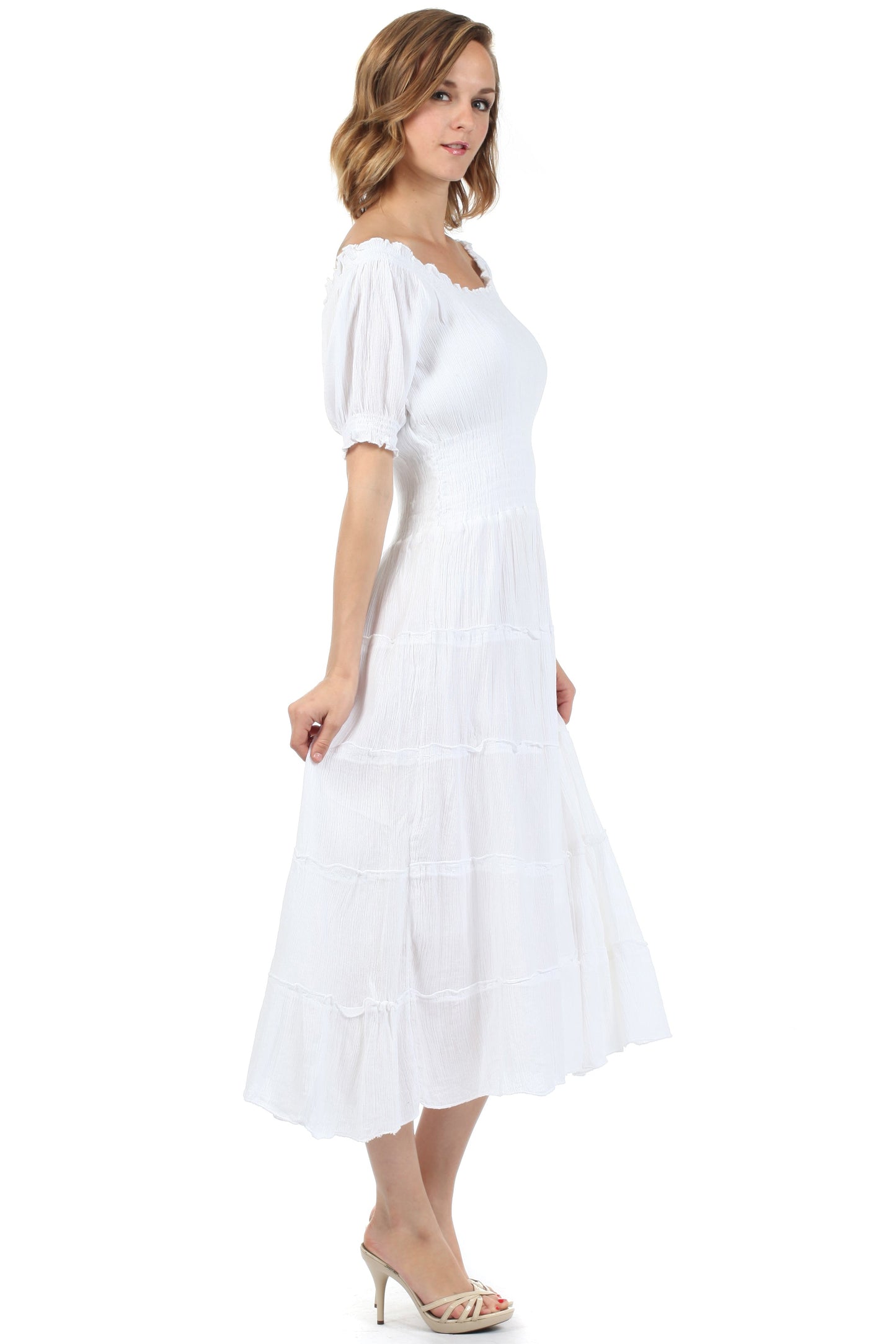 Sakkas Cotton Crepe Smocked Peasant Gypsy Boho Renaissance Mid Length Dress - Concordia Style Boutique