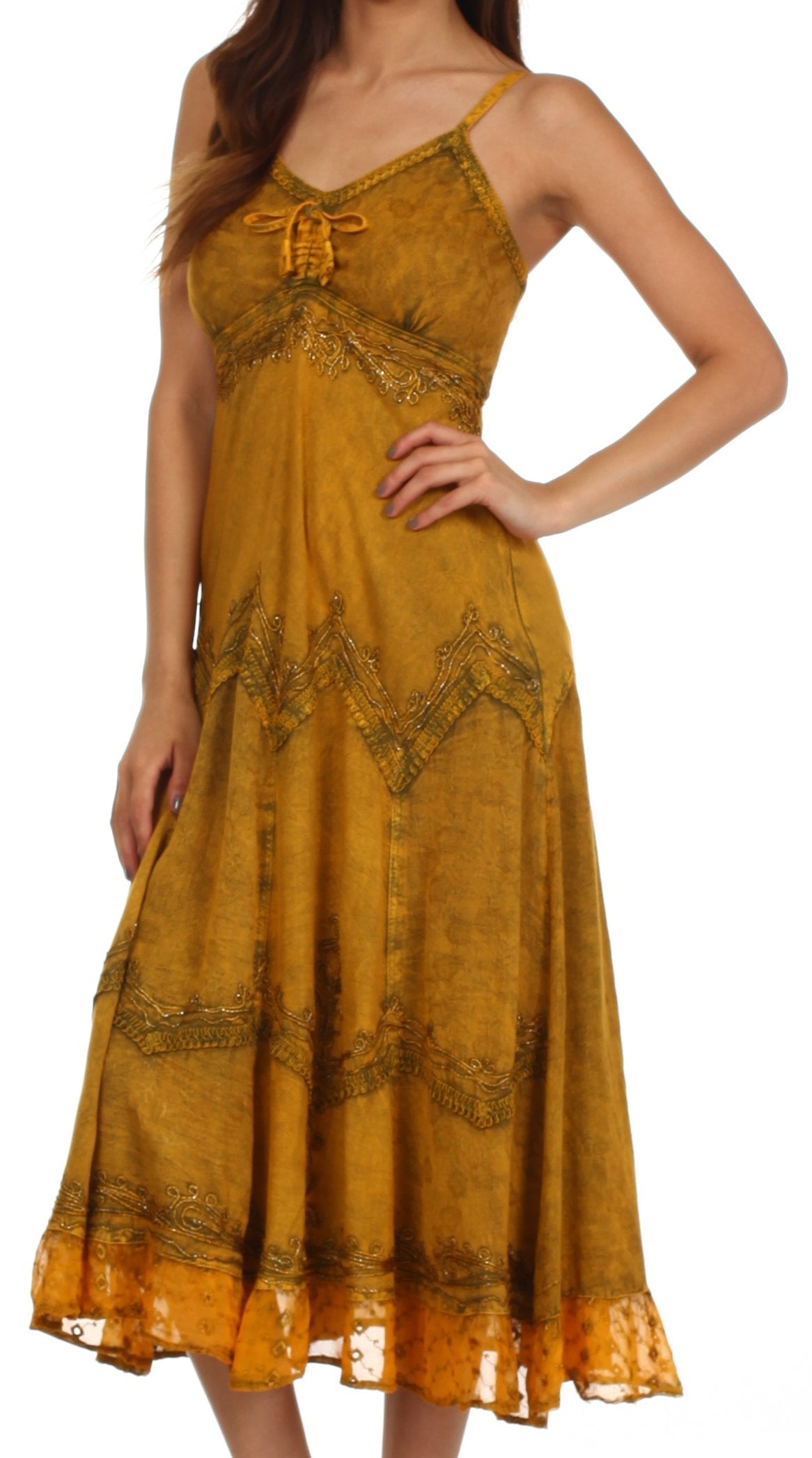 Sakkas Stonewashed Rayon Embroidered Adjustable Spaghetti Straps Long Dress - Concordia Style Boutique