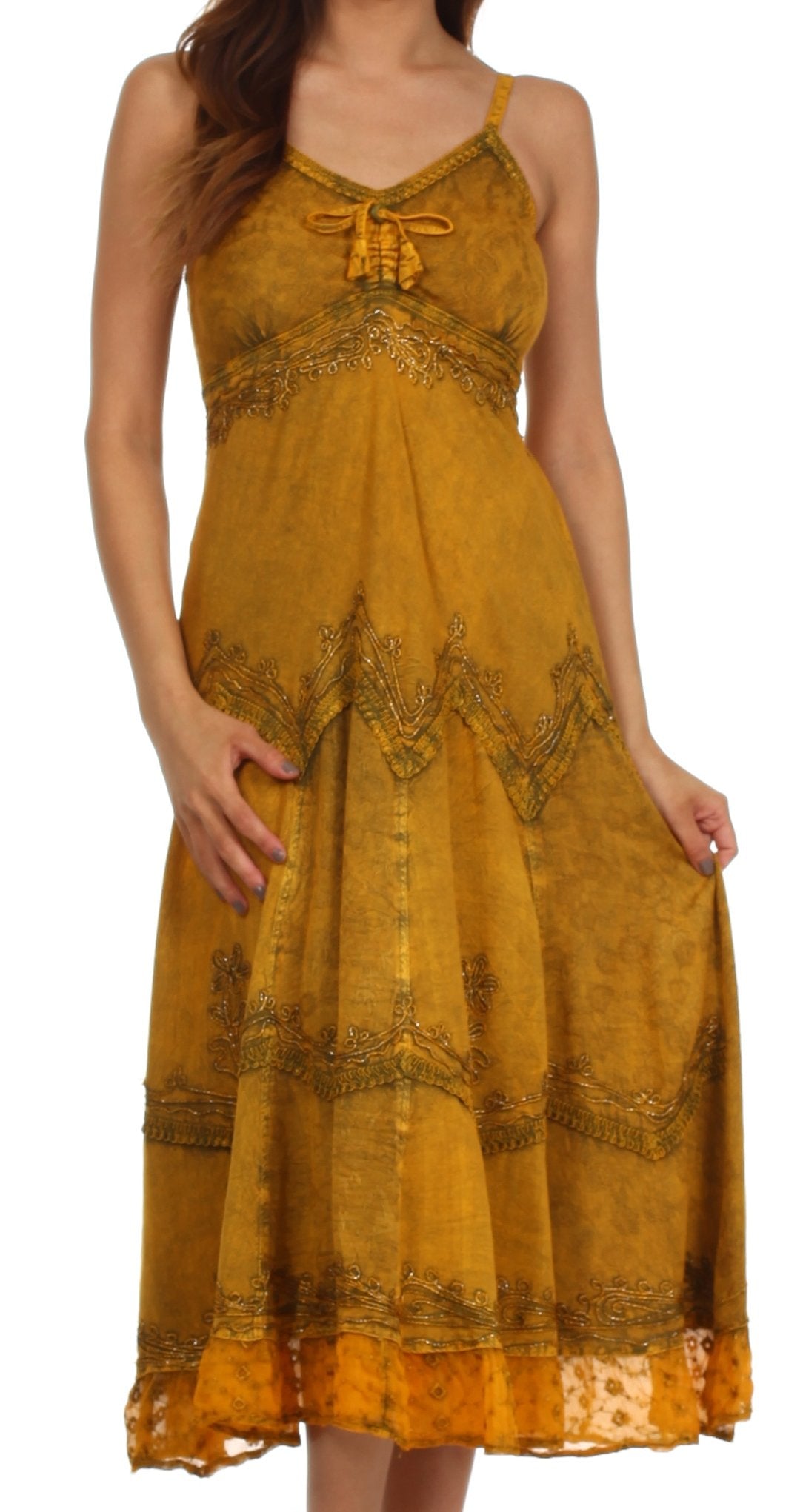 Sakkas Stonewashed Rayon Embroidered Adjustable Spaghetti Straps Long Dress - Concordia Style Boutique