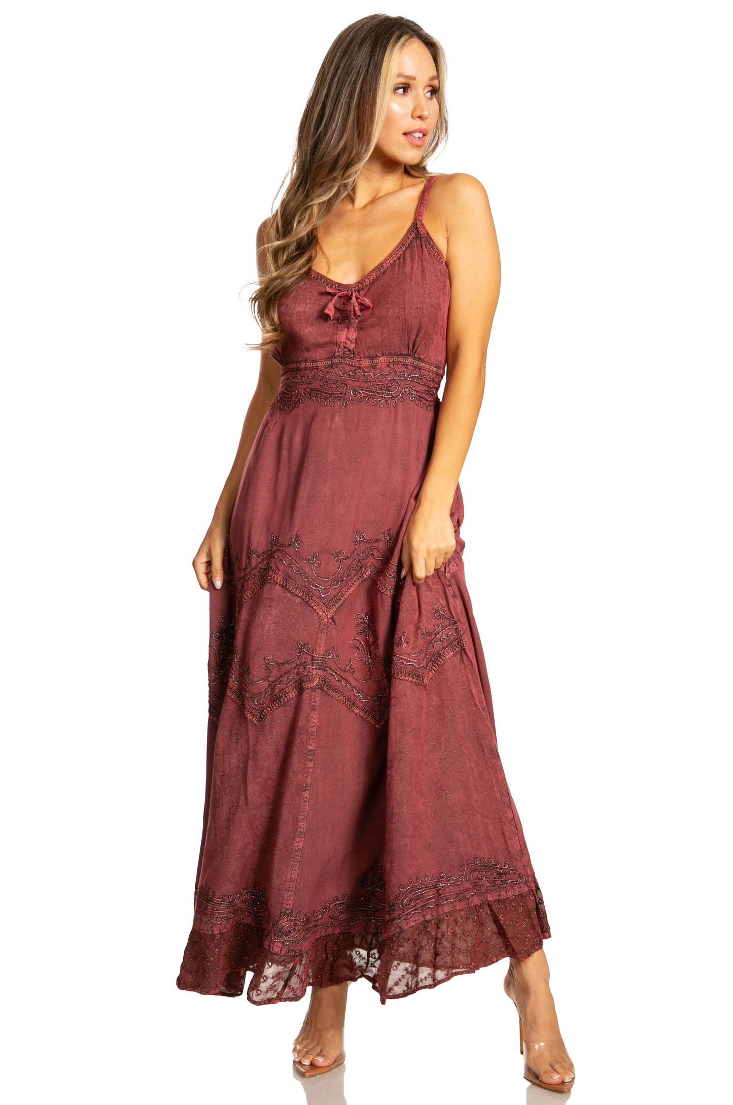 Sakkas Stonewashed Rayon Embroidered Adjustable Spaghetti Straps Long Dress - Concordia Style Boutique