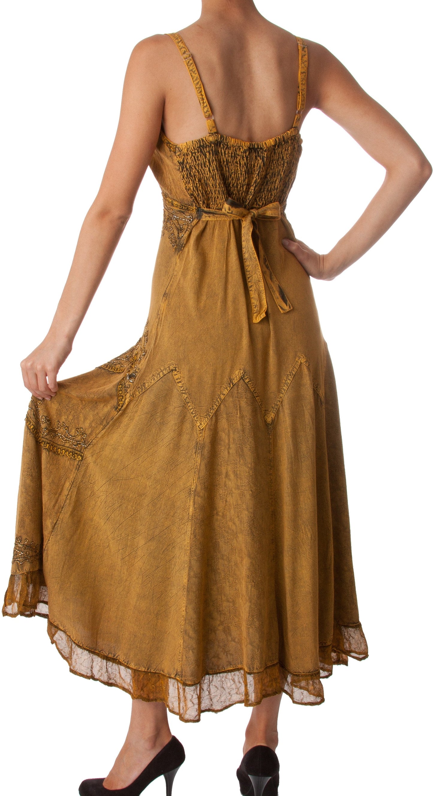 Sakkas Stonewashed Rayon Embroidered Adjustable Spaghetti Straps Long Dress - Concordia Style Boutique