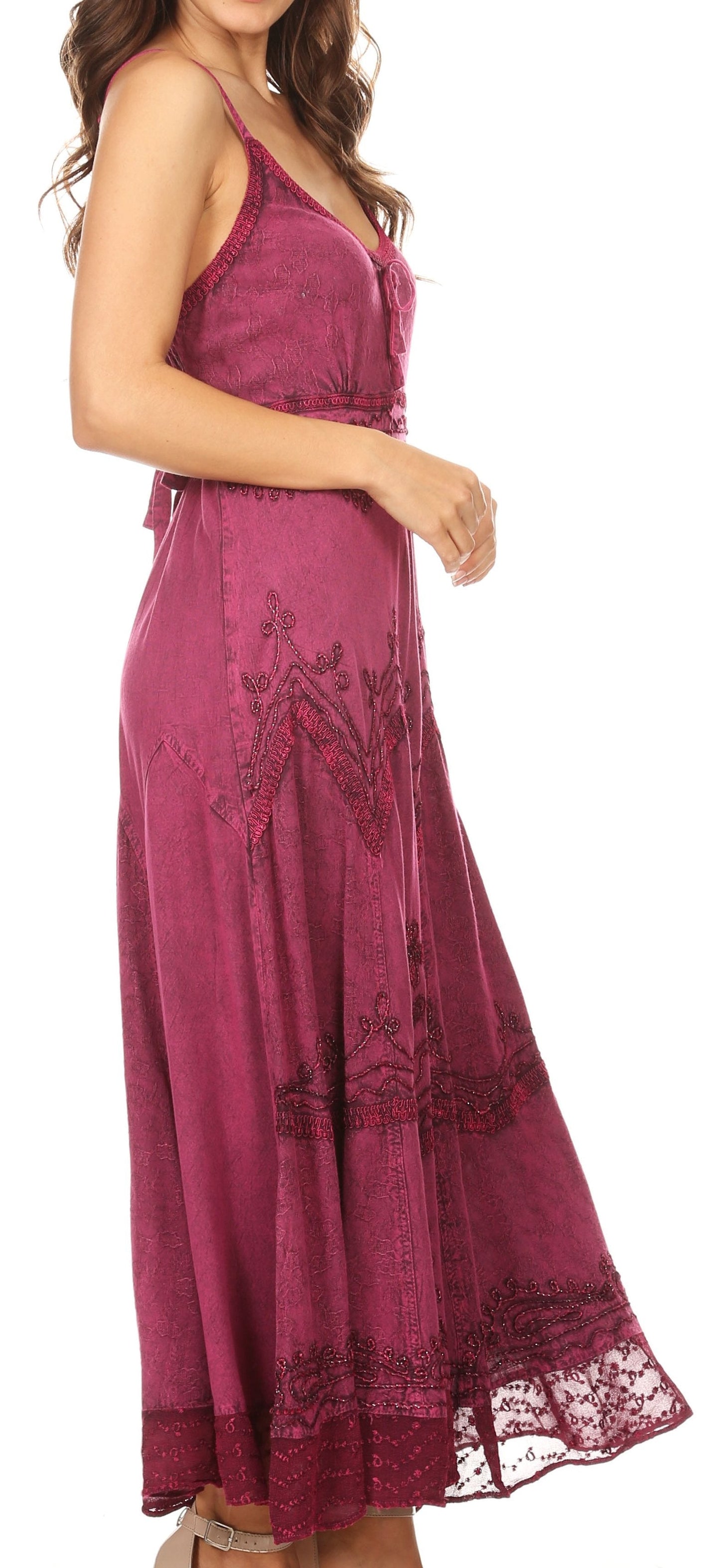 Sakkas Stonewashed Rayon Embroidered Adjustable Spaghetti Straps Long Dress - Concordia Style Boutique