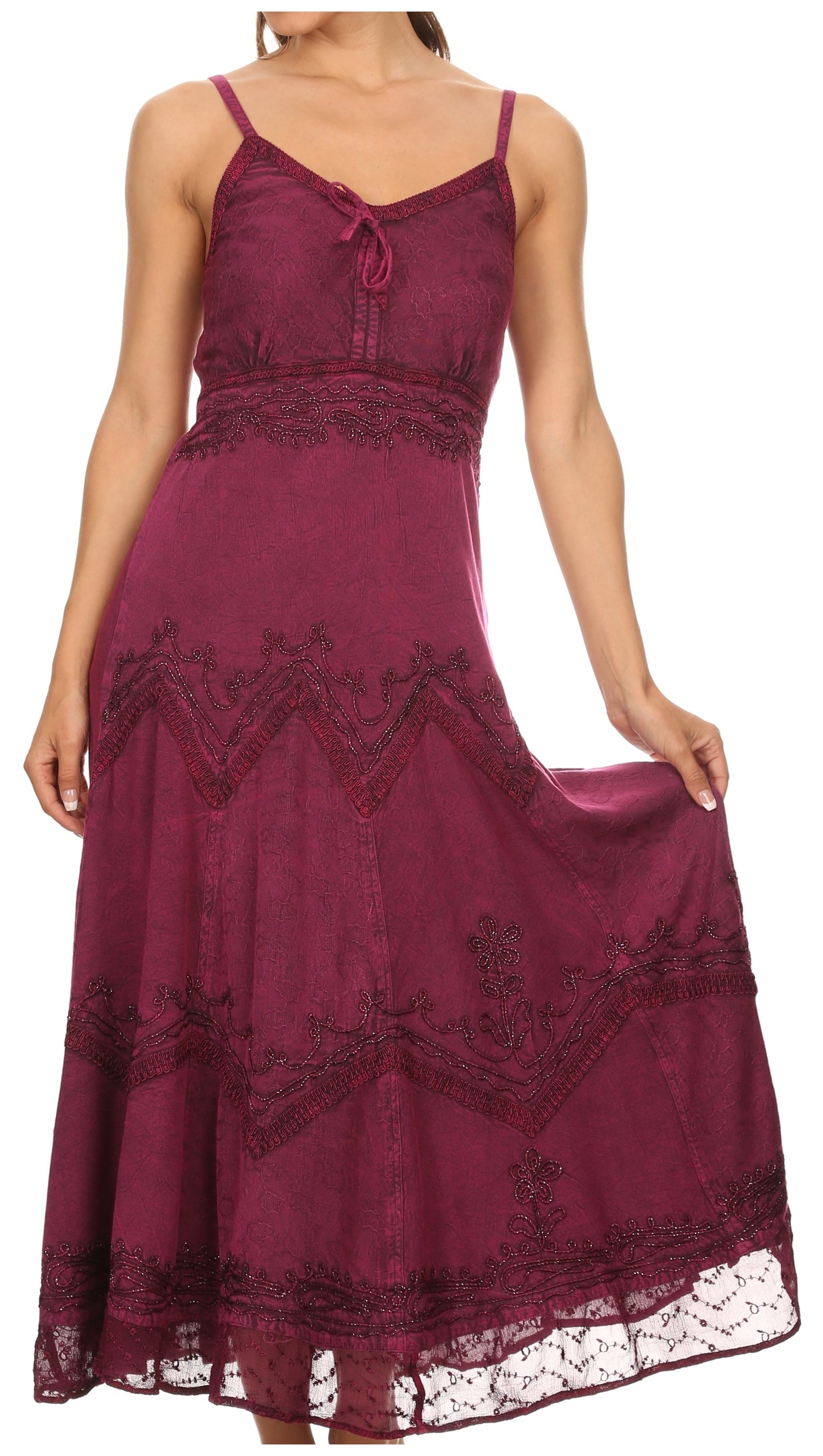 Sakkas Stonewashed Rayon Embroidered Adjustable Spaghetti Straps Long Dress - Concordia Style Boutique