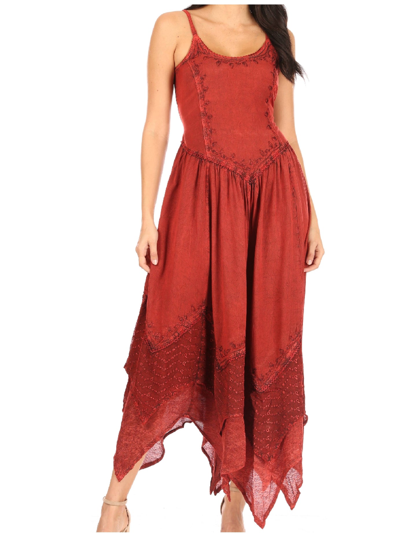 Sakkas Rayon Embroidered Stonewashed Adjustable Spaghetti Straps Long Dress - Concordia Style Boutique
