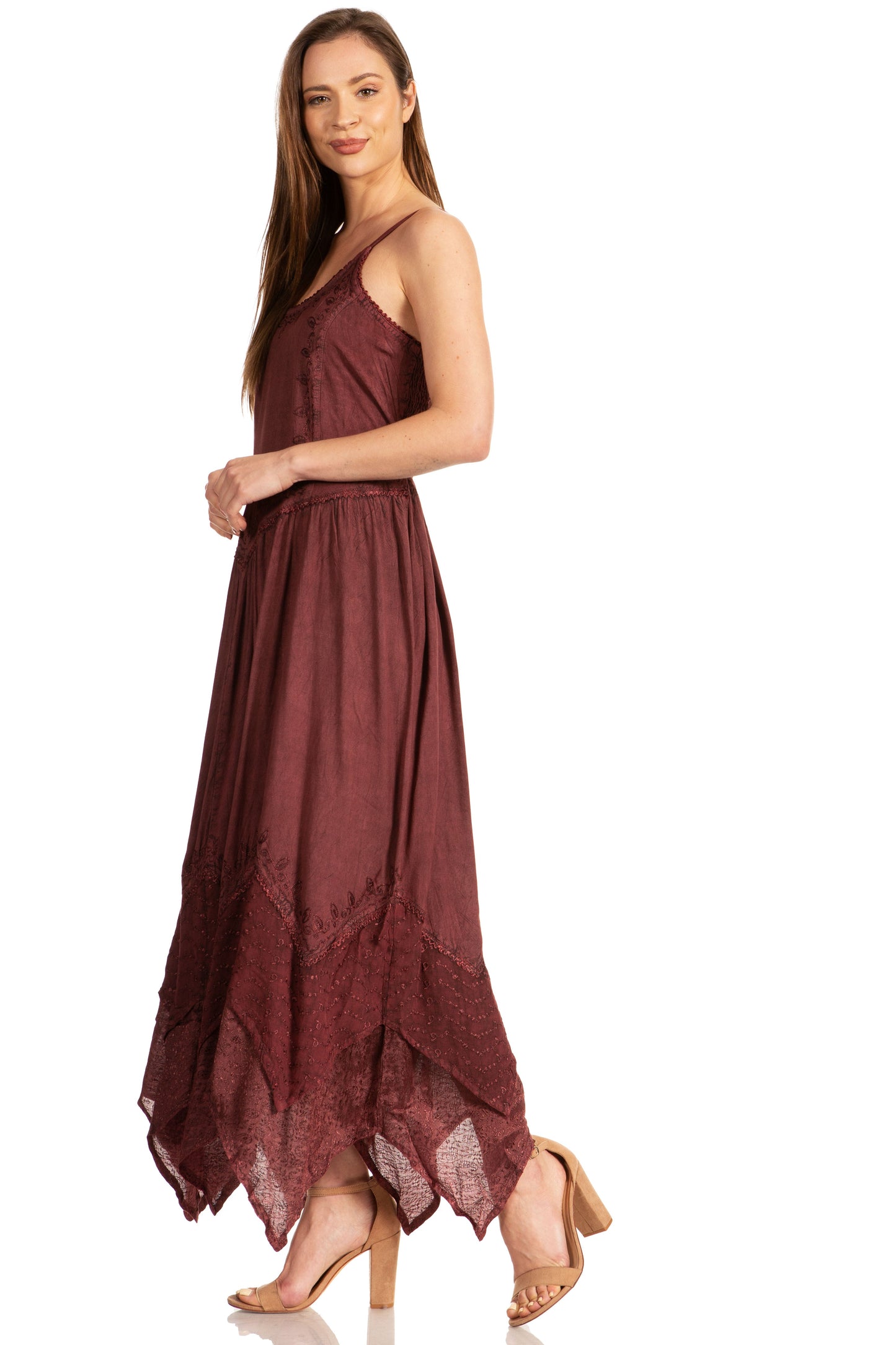 Sakkas Rayon Embroidered Stonewashed Adjustable Spaghetti Straps Long Dress - Concordia Style Boutique