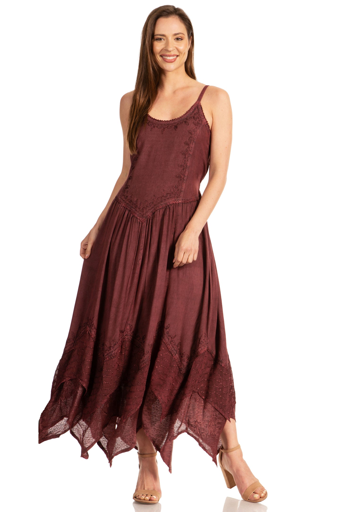 Sakkas Rayon Embroidered Stonewashed Adjustable Spaghetti Straps Long Dress - Concordia Style Boutique