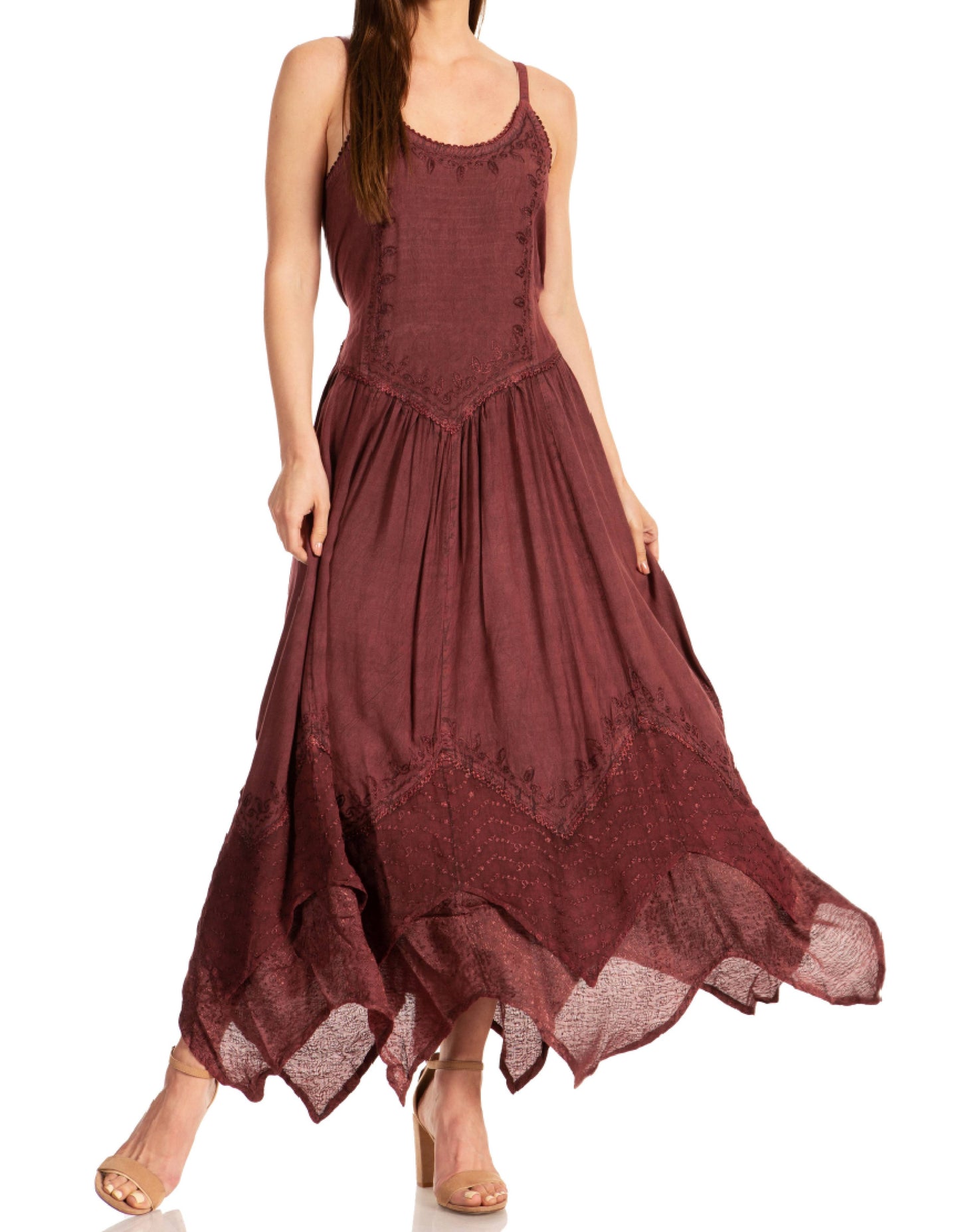Sakkas Rayon Embroidered Stonewashed Adjustable Spaghetti Straps Long Dress - Concordia Style Boutique