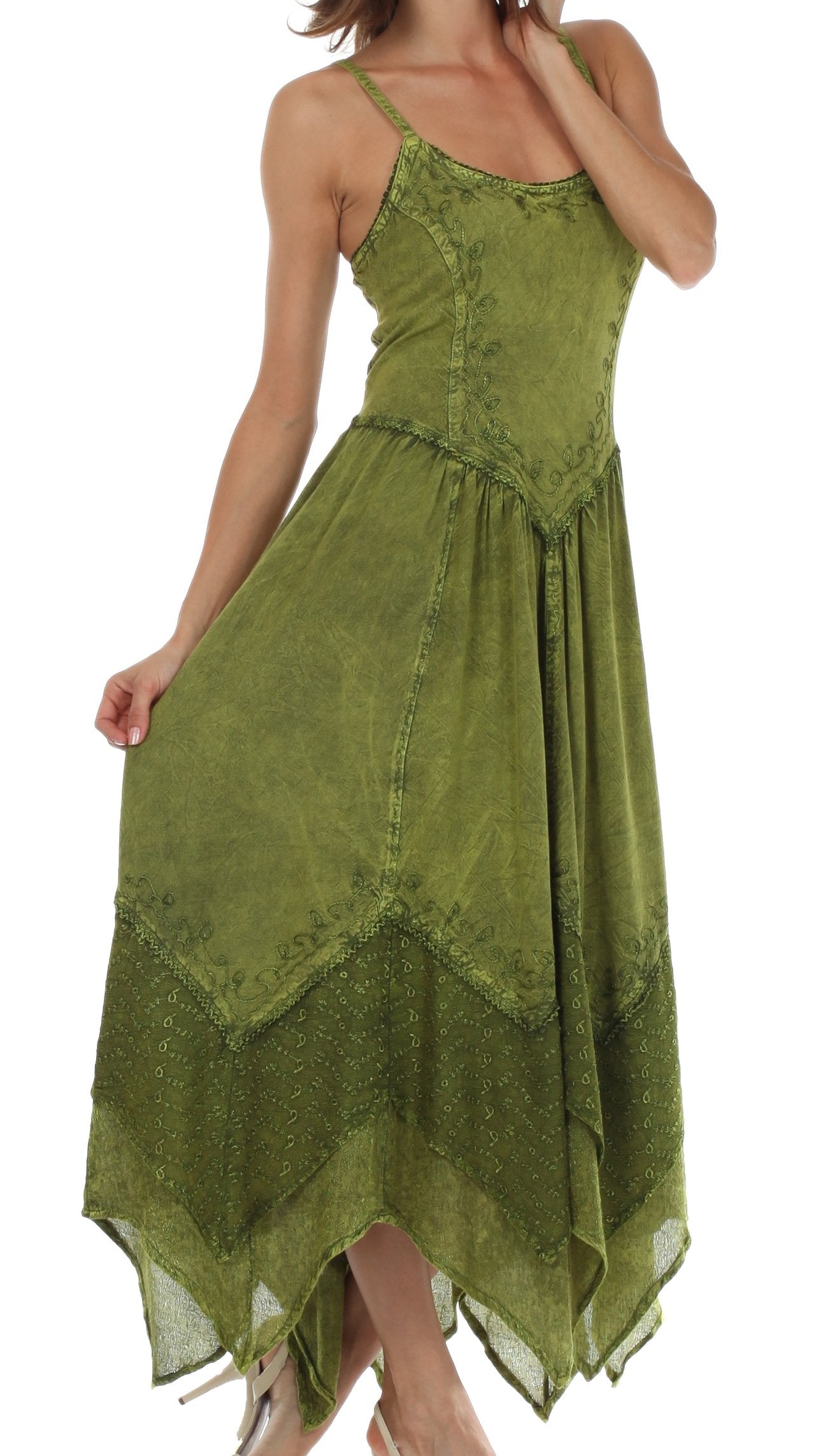 Sakkas Rayon Embroidered Stonewashed Adjustable Spaghetti Straps Long Dress - Concordia Style Boutique