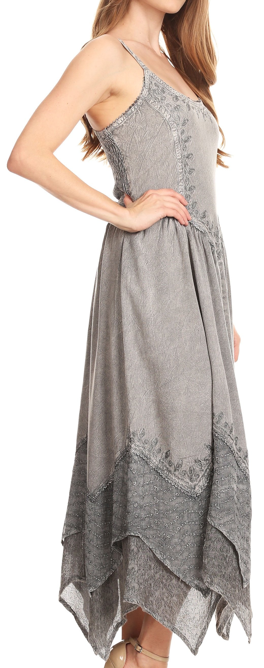 Sakkas Rayon Embroidered Stonewashed Adjustable Spaghetti Straps Long Dress - Concordia Style Boutique