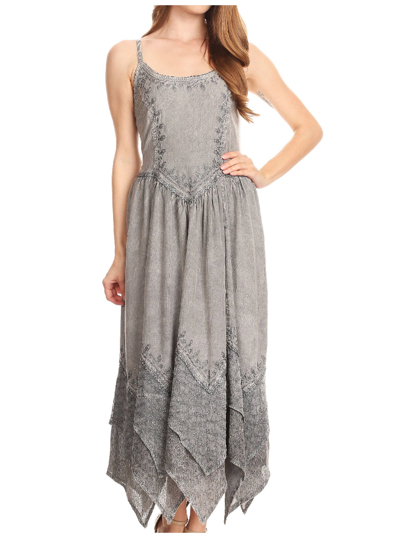 Sakkas Rayon Embroidered Stonewashed Adjustable Spaghetti Straps Long Dress - Concordia Style Boutique