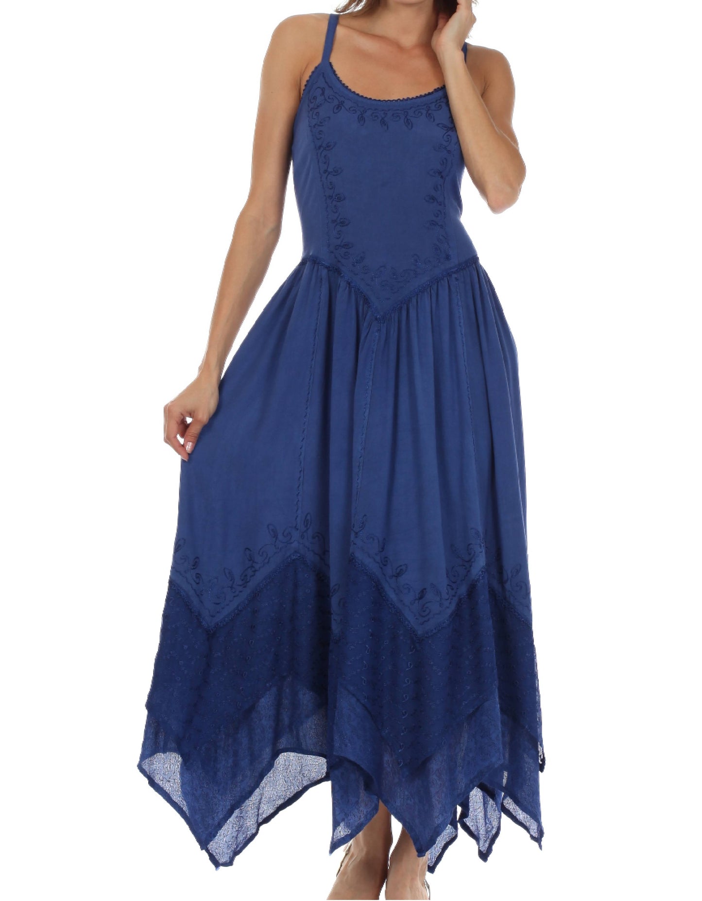 Sakkas Rayon Embroidered Stonewashed Adjustable Spaghetti Straps Long Dress - Concordia Style Boutique