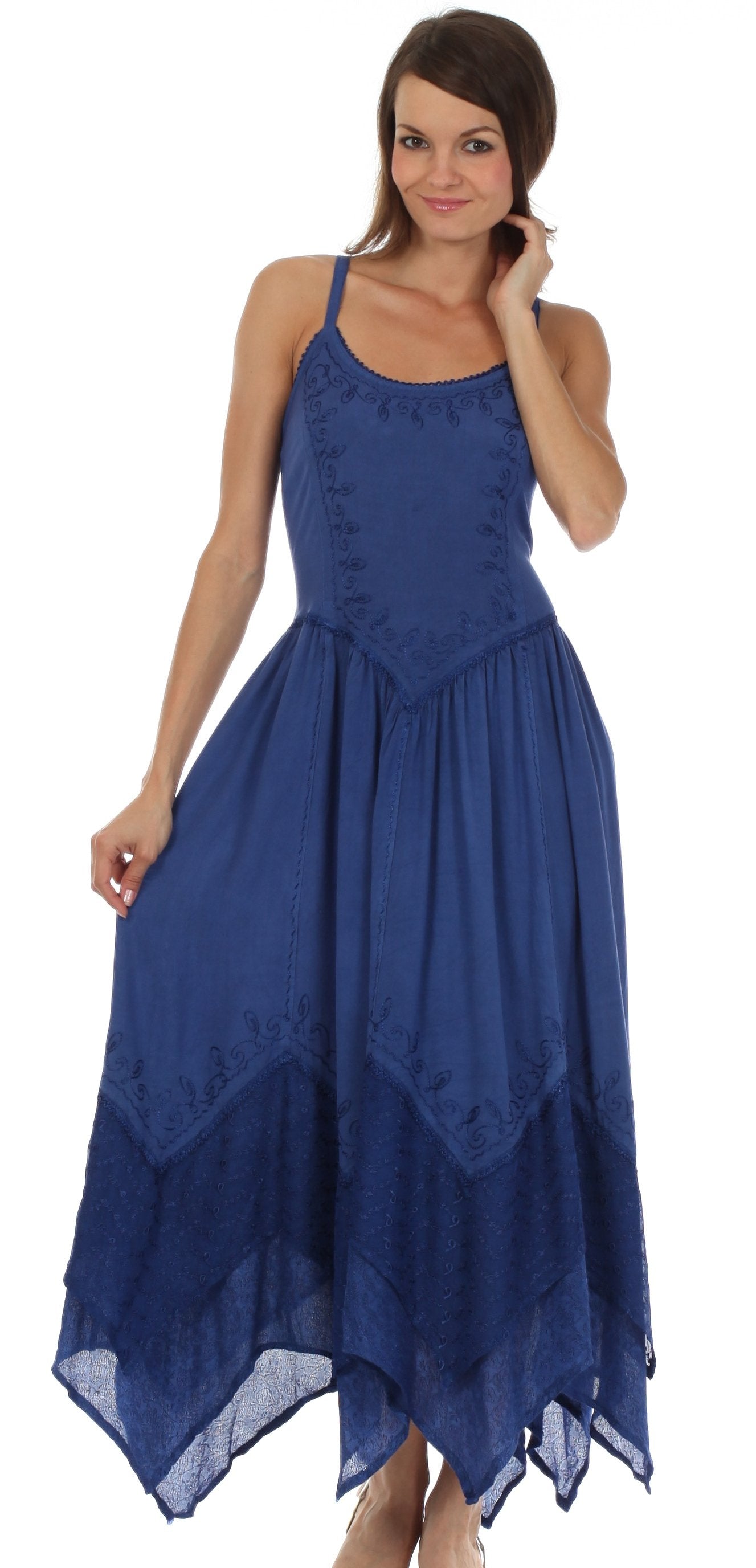 Sakkas Rayon Embroidered Stonewashed Adjustable Spaghetti Straps Long Dress - Concordia Style Boutique