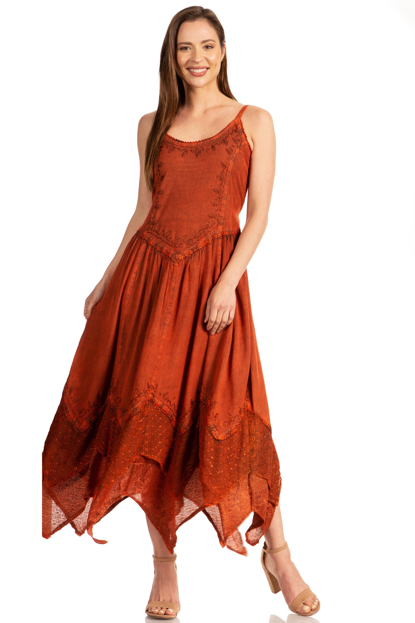 Sakkas Rayon Embroidered Stonewashed Adjustable Spaghetti Straps Long Dress - Concordia Style Boutique