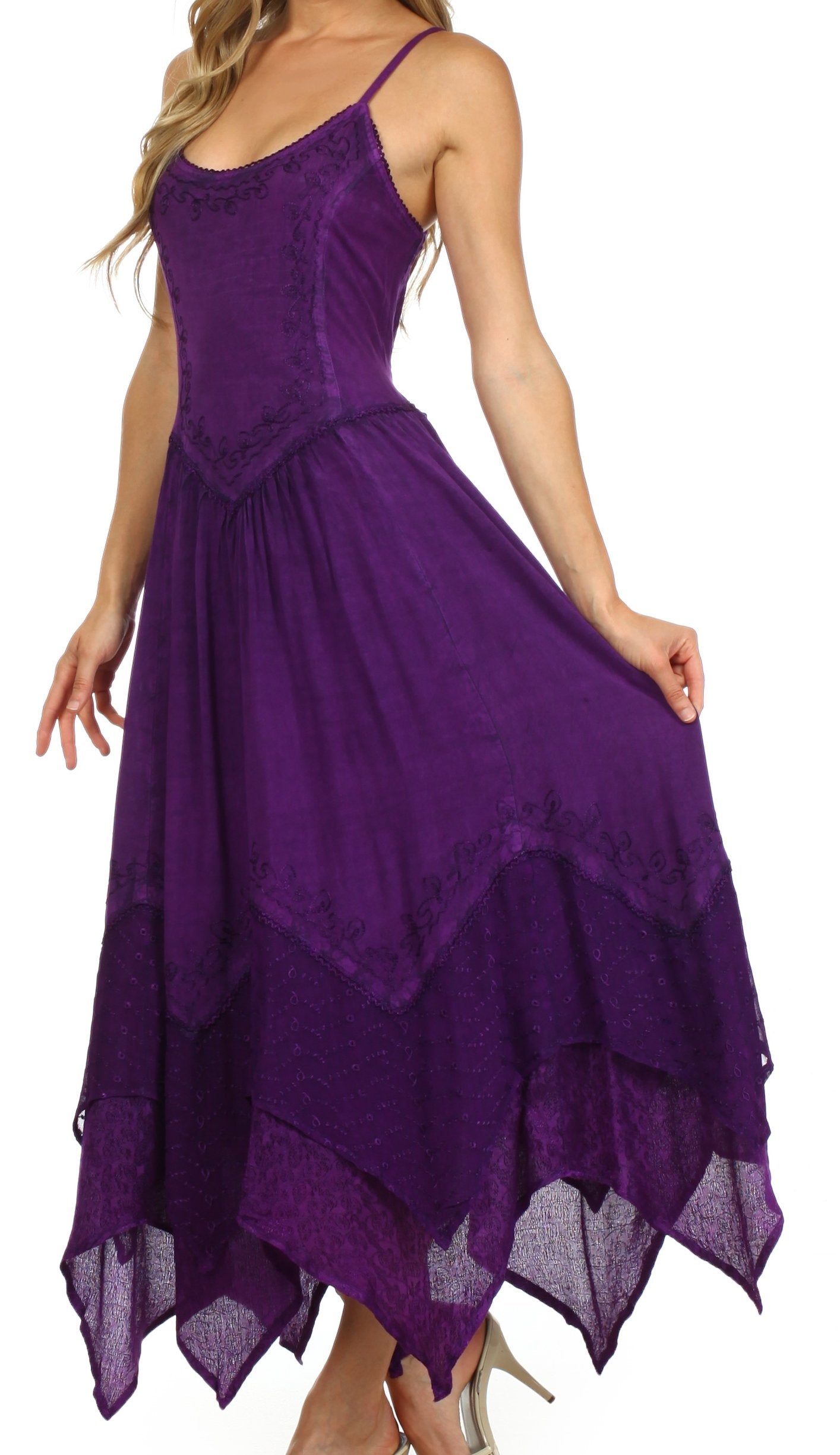 Sakkas Rayon Embroidered Stonewashed Adjustable Spaghetti Straps Long Dress - Concordia Style Boutique
