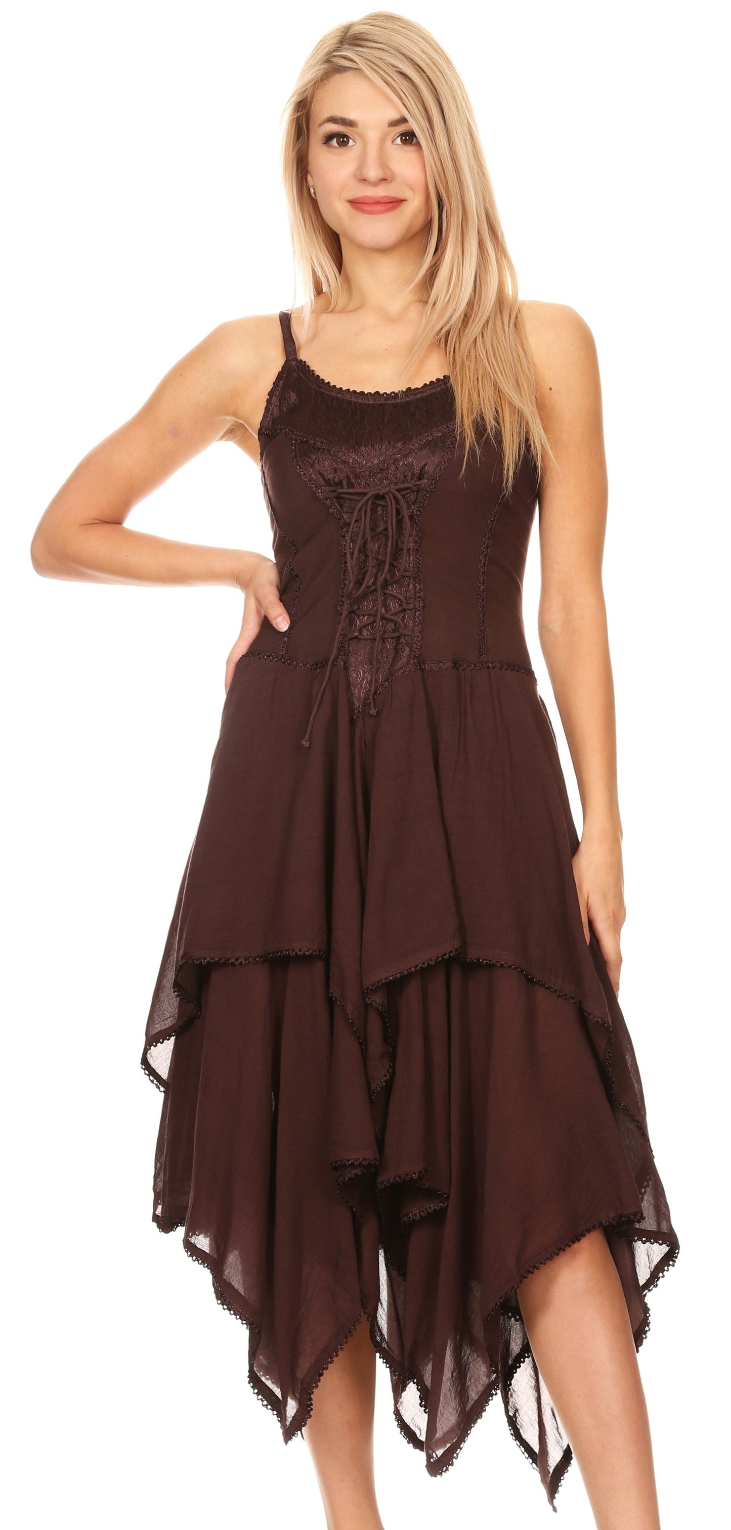 Sakkas Lady Mary Jacquard Corset Style Bodice Lightweight Handkerchief Hem Dress - Concordia Style Boutique