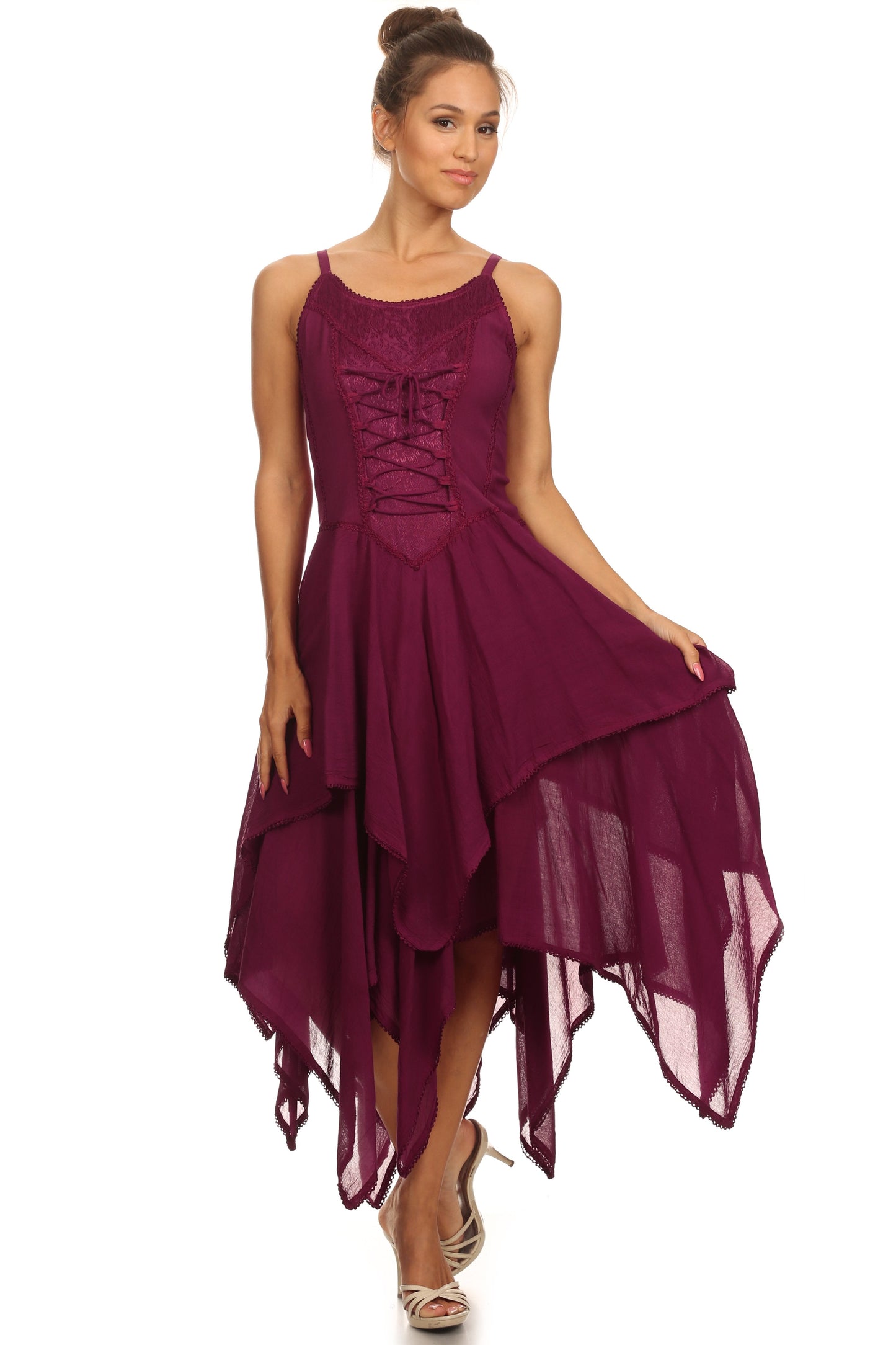 Sakkas Lady Mary Jacquard Corset Style Bodice Lightweight Handkerchief Hem Dress - Concordia Style Boutique