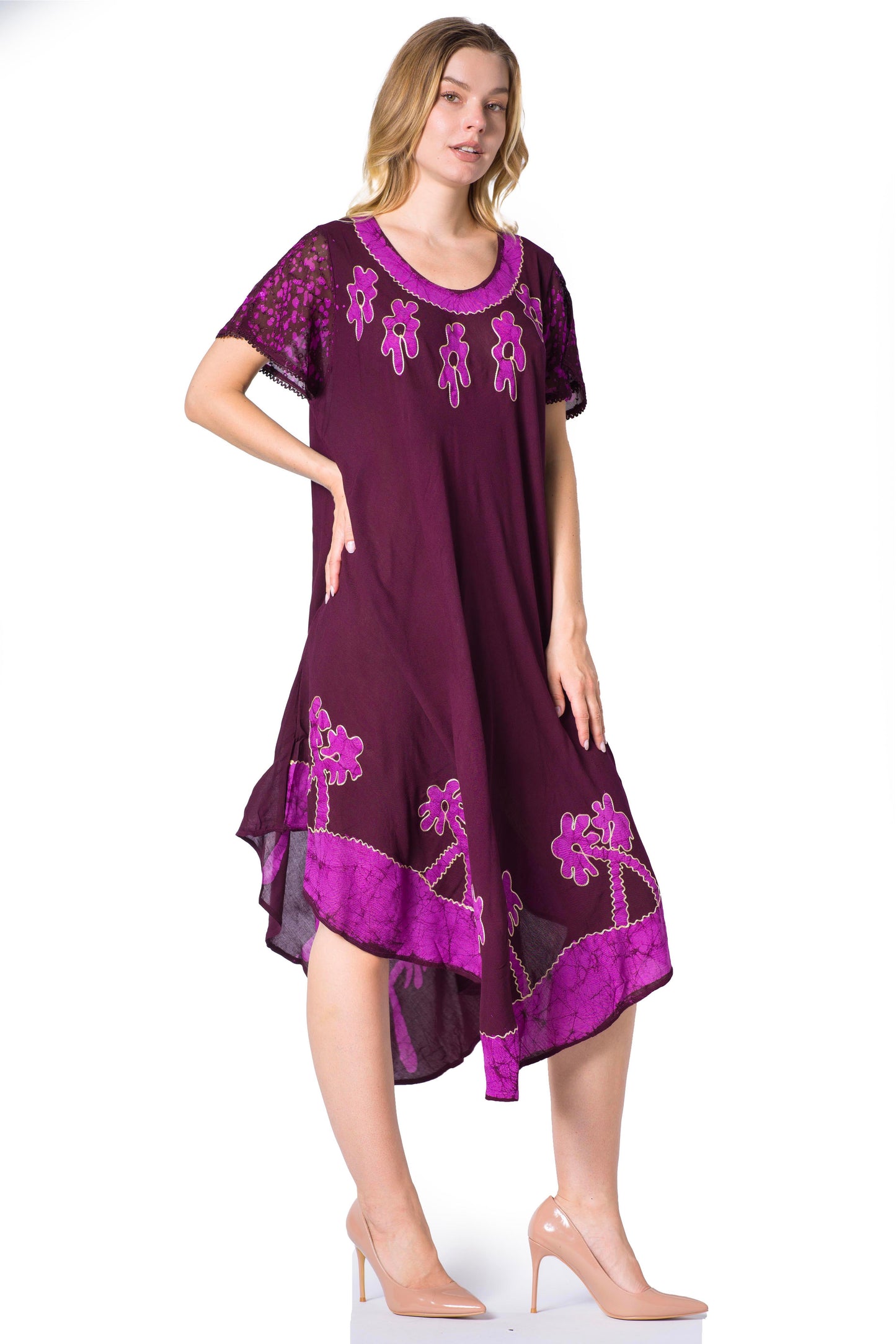 Sakkas Batik Palm Tree Cap Sleeve Caftan Dress / Cover Up - Concordia Style Boutique