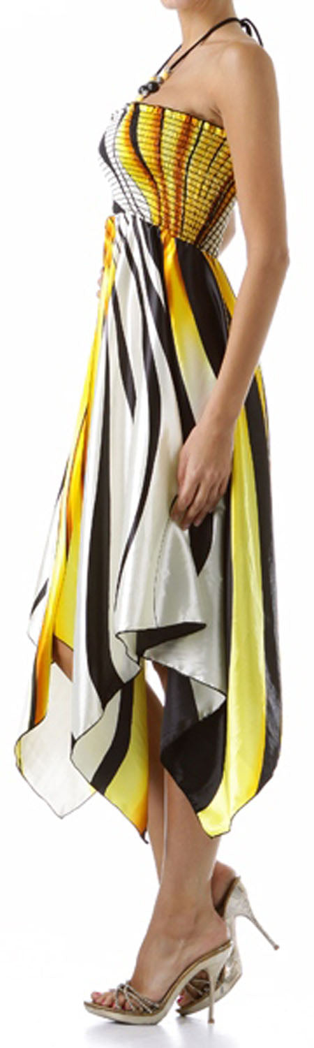 Swirl Design Satin Feel Beaded Halter Smocked Bodice Handkerchief Hem Dress - Concordia Style Boutique