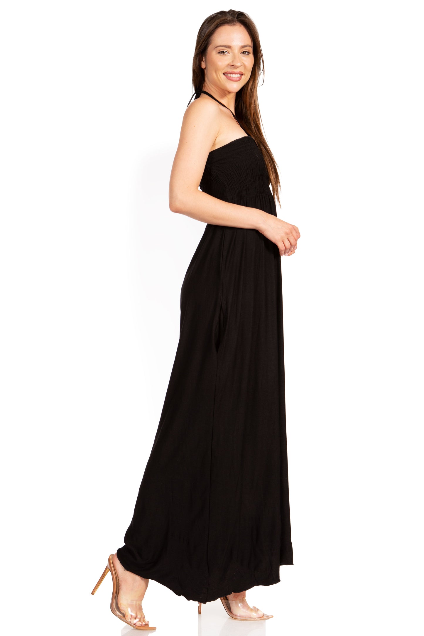 Sakkas Soft Jersey Feel Solid Color Smocked Bodice String Halter Long Dress - Concordia Style Boutique