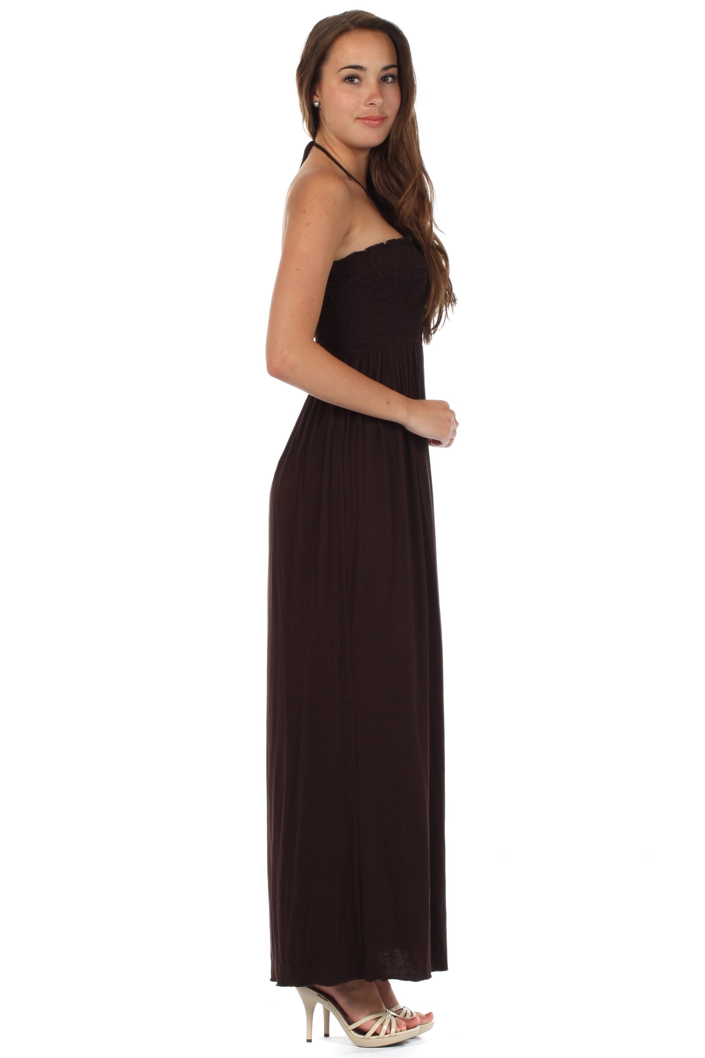 Sakkas Soft Jersey Feel Solid Color Smocked Bodice String Halter Long Dress - Concordia Style Boutique
