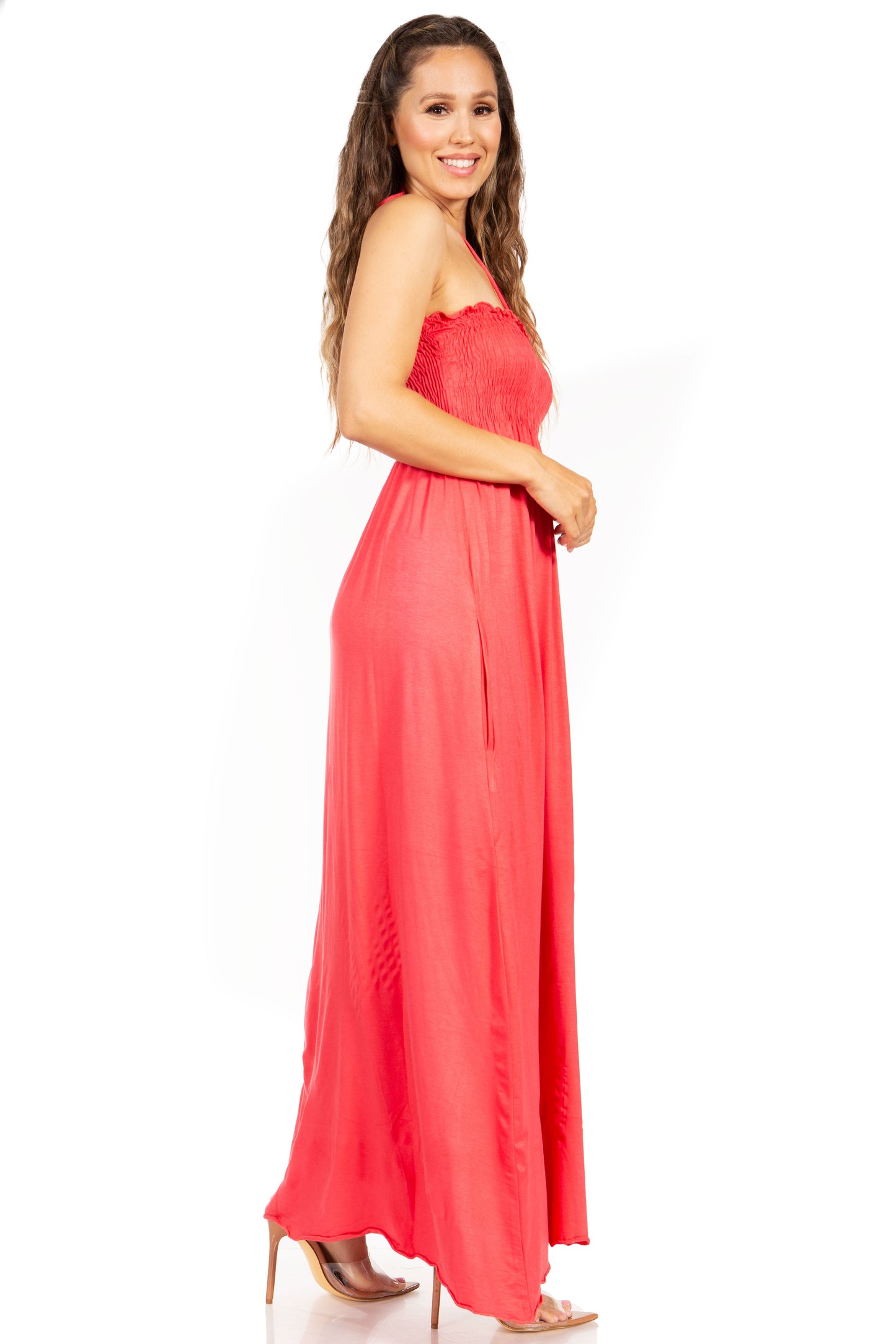 Sakkas Soft Jersey Feel Solid Color Smocked Bodice String Halter Long Dress - Concordia Style Boutique