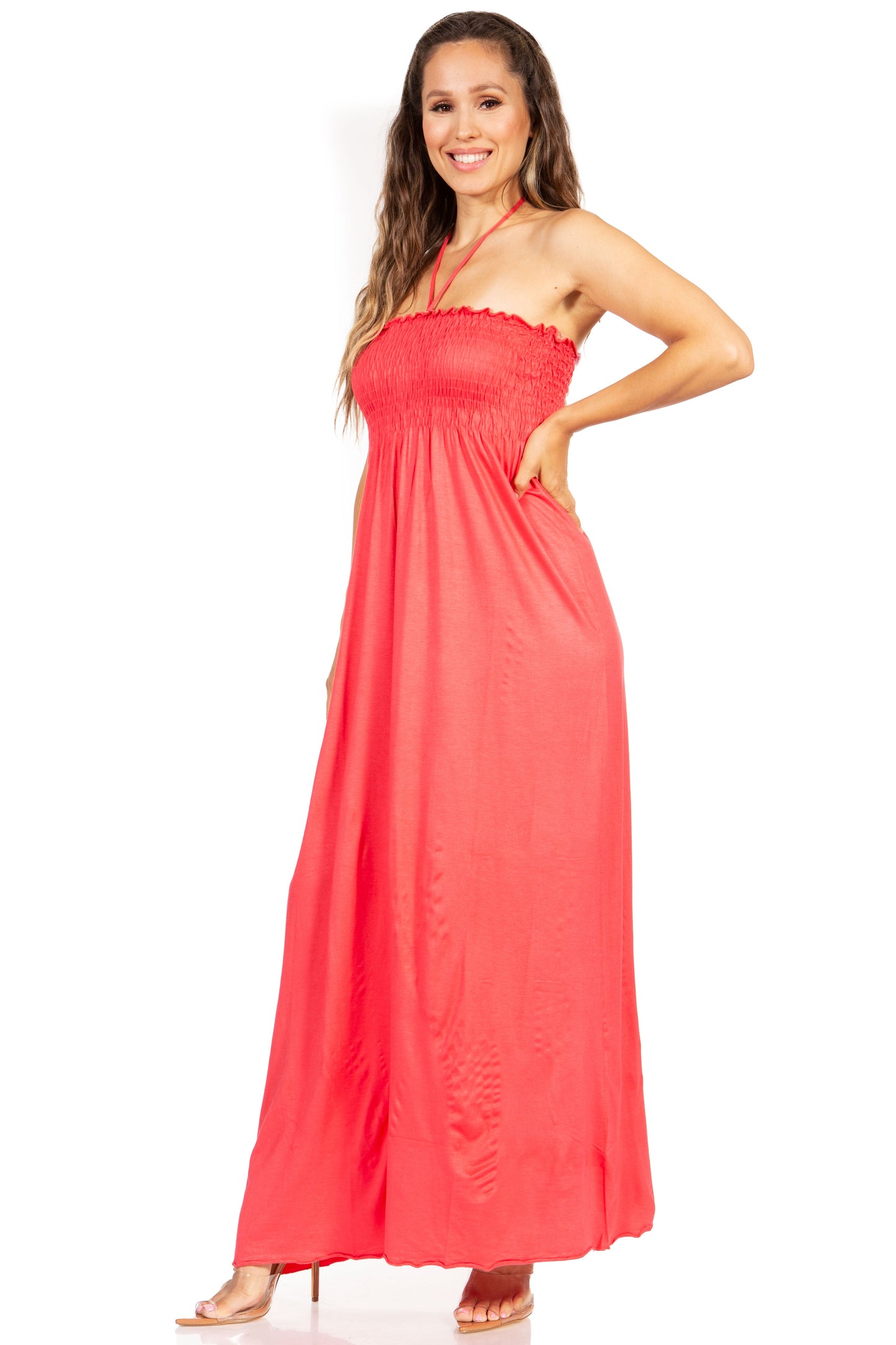 Sakkas Soft Jersey Feel Solid Color Smocked Bodice String Halter Long Dress - Concordia Style Boutique