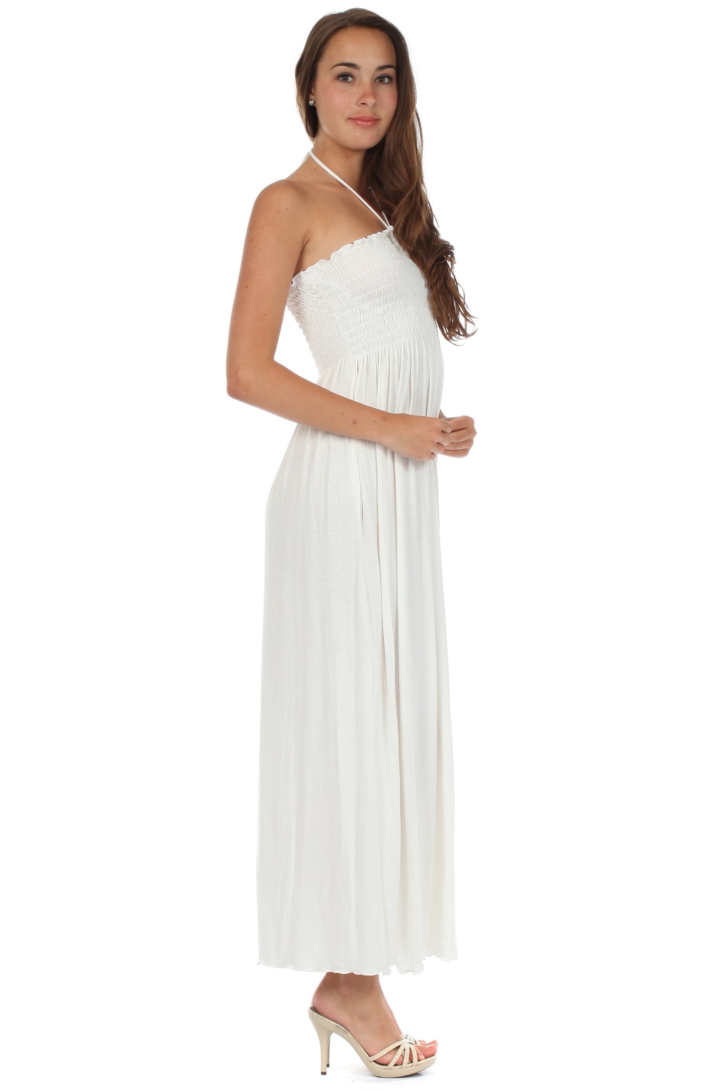 Sakkas Soft Jersey Feel Solid Color Smocked Bodice String Halter Long Dress - Concordia Style Boutique