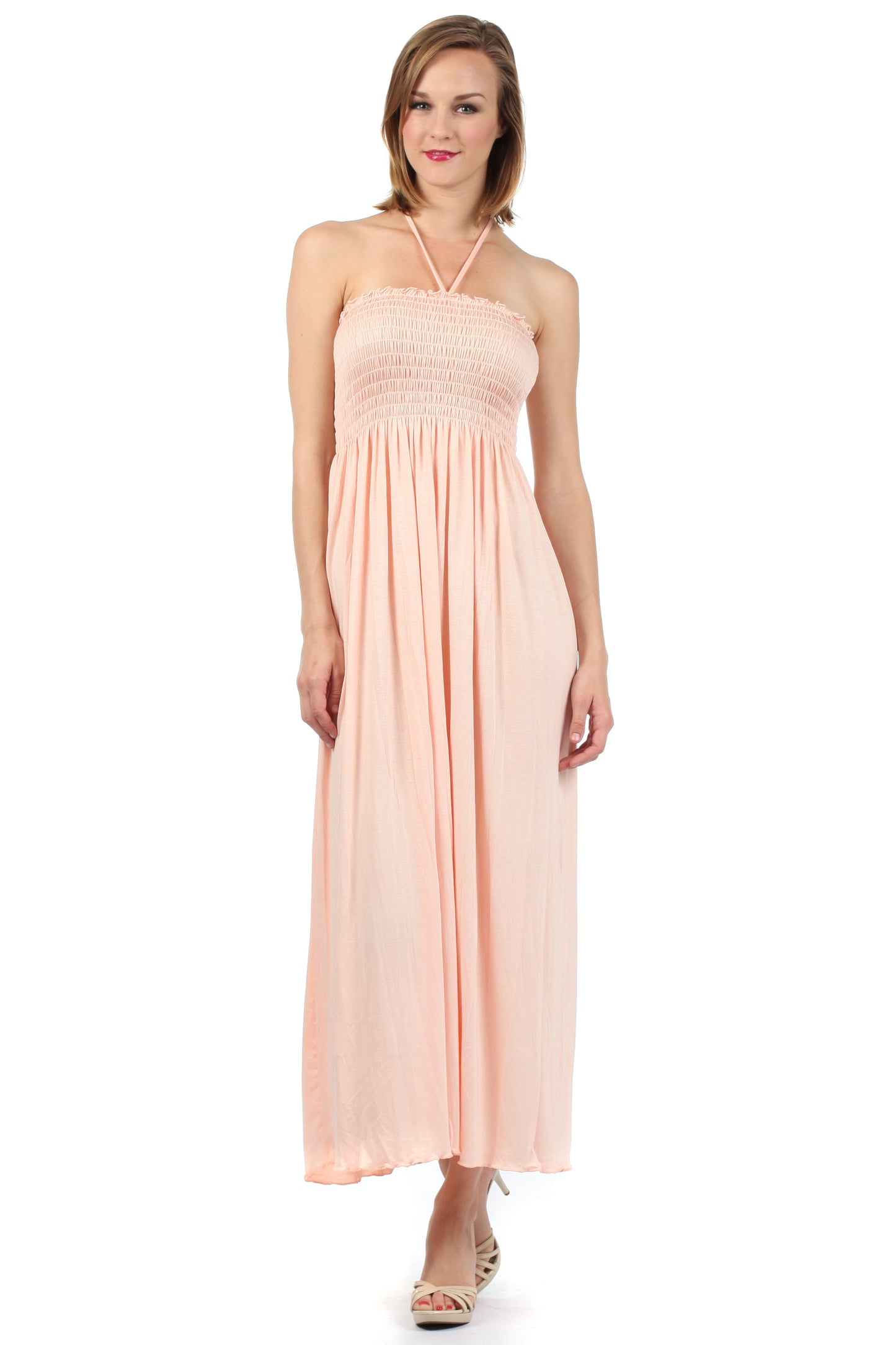 Sakkas Soft Jersey Feel Solid Color Smocked Bodice String Halter Long Dress - Concordia Style Boutique