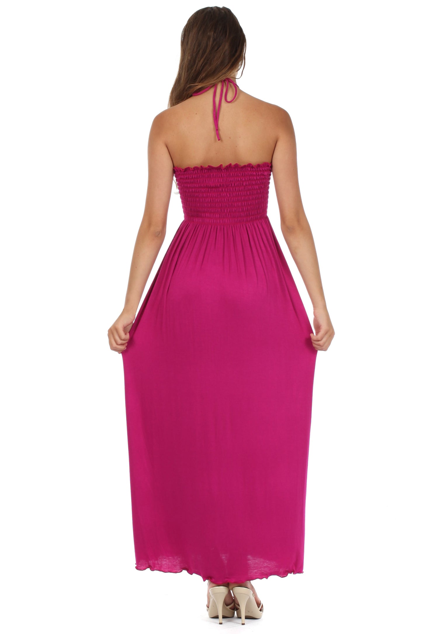 Sakkas Soft Jersey Feel Solid Color Smocked Bodice String Halter Long Dress - Concordia Style Boutique